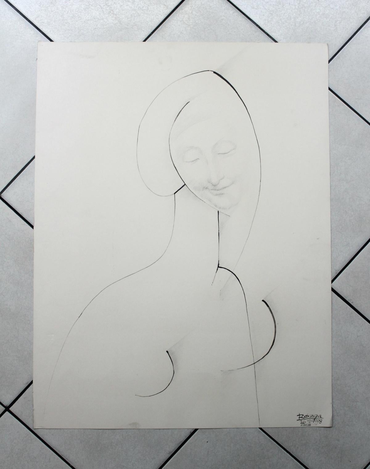 Vinicja -  dessin figuratif, portrait surréaliste, noir et blanc, minimalisme - Noir Portrait par Leszek Rózga