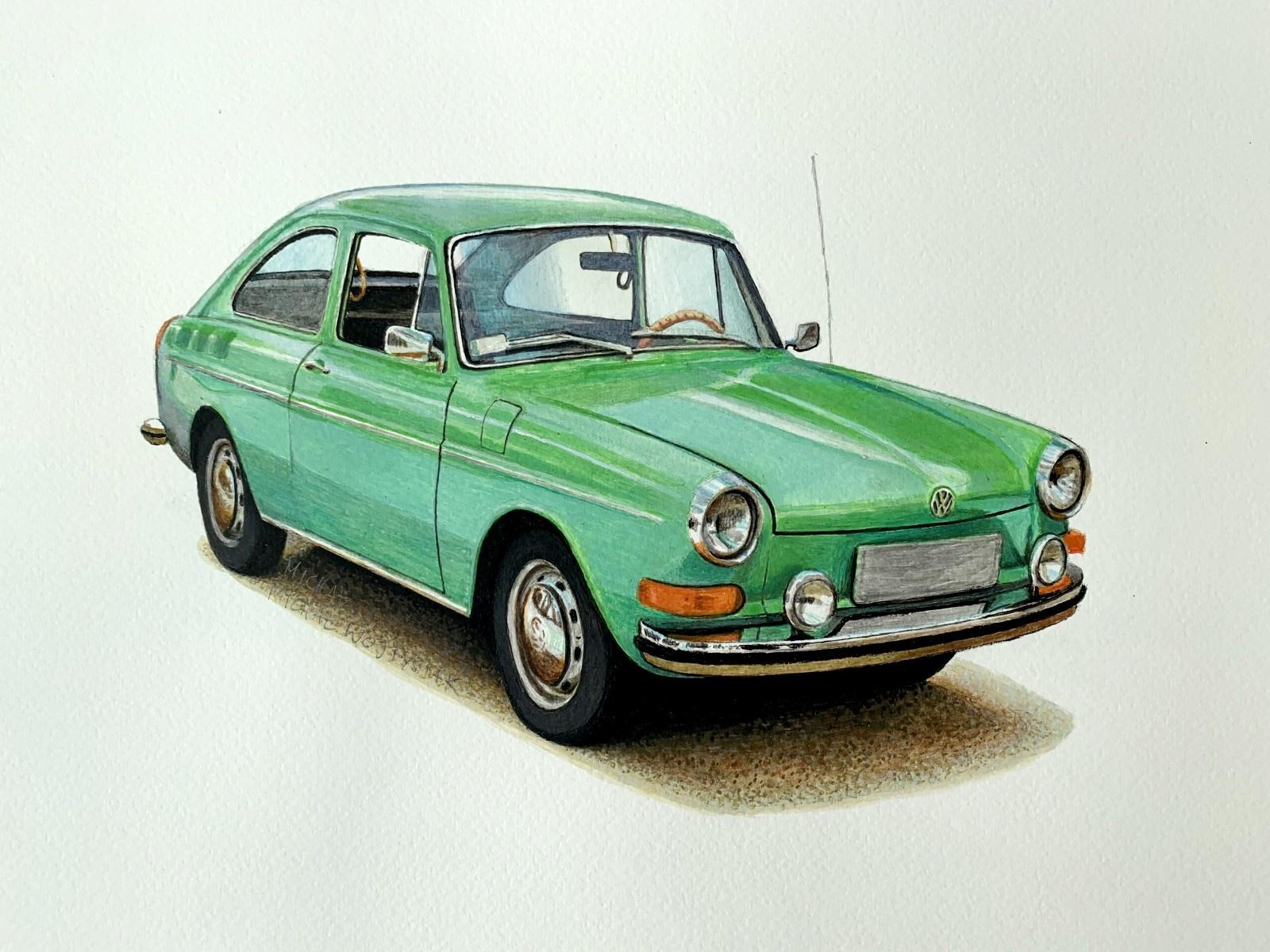 Volkswagen 1600TL. Figurative acrylic on paper painting Realistic car Polish art
