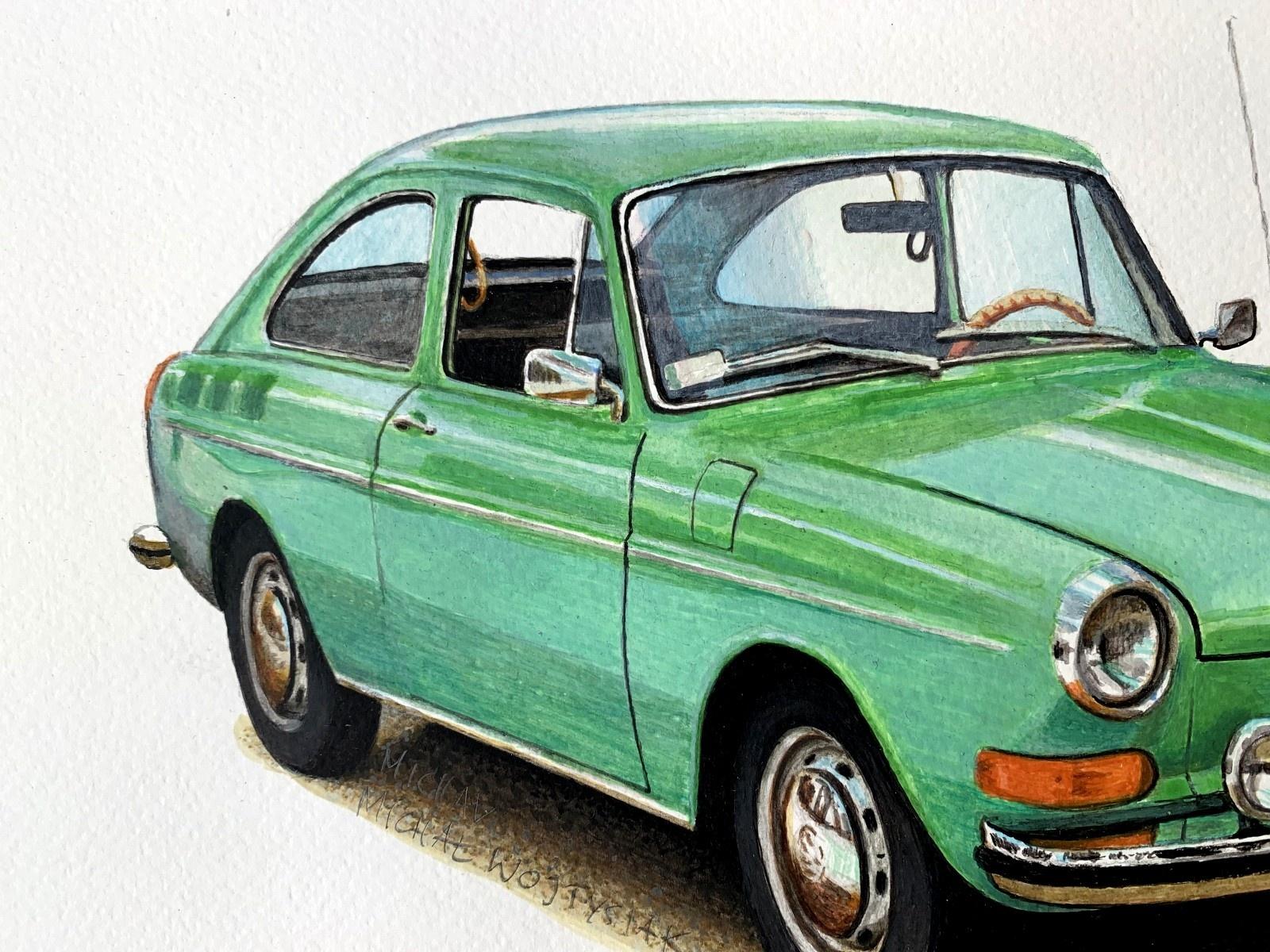 Volkswagen 1600TL. Figurative acrylic on paper painting Realistic car Polish art - Other Art Style Art by Michal Wojtysiak