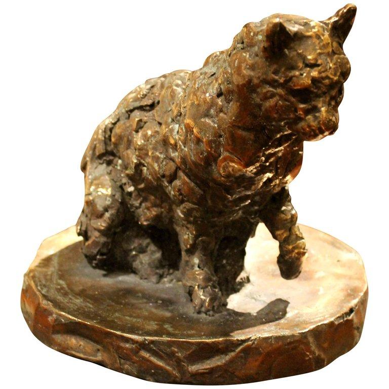 Pablo Simunovic Figurative Sculpture -  Cat on a Round Base, Bronze Sculpture, Lost Wax Casting Technique