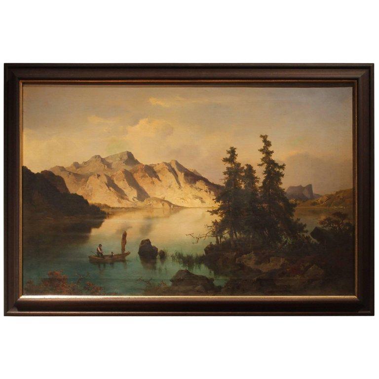 Joseph Brunner Landscape Painting - J. Brunner 1869 Oil on Canvas Austrian Landscape with Lake and Mountain Painting