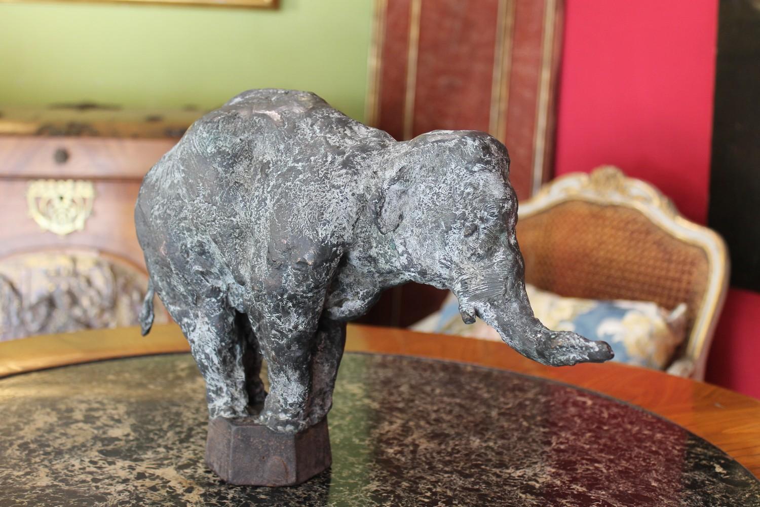 Pablo Simunovic Figurative Sculpture - Elephant on Iron Pedestal, Lost Wax Casting Bronze Sculpture with Gray Patina