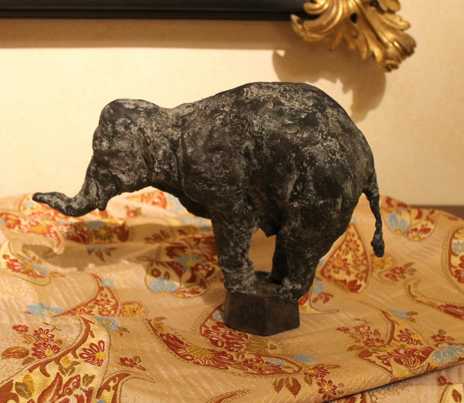 Elephant on Iron Pedestal, Lost Wax Casting Bronze Sculpture with Gray Patina 2