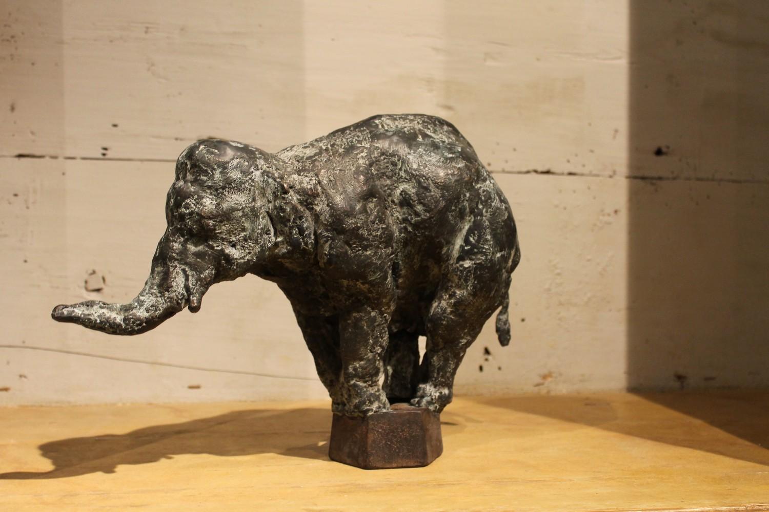 Elephant on Iron Pedestal, Lost Wax Casting Bronze Sculpture with Gray Patina 3