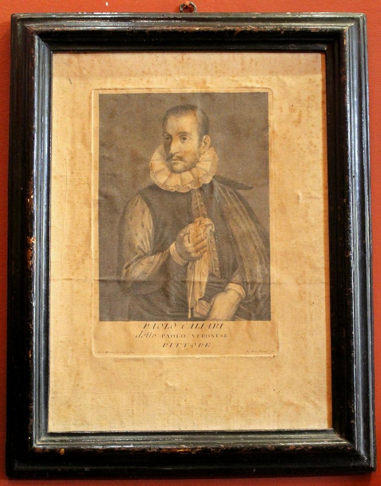 Italian Painter’s Portrait Engravings on Laid Paper on Canvas in Ebonized Frames - Brown Portrait Print by Giovanni Domenico Campiglia