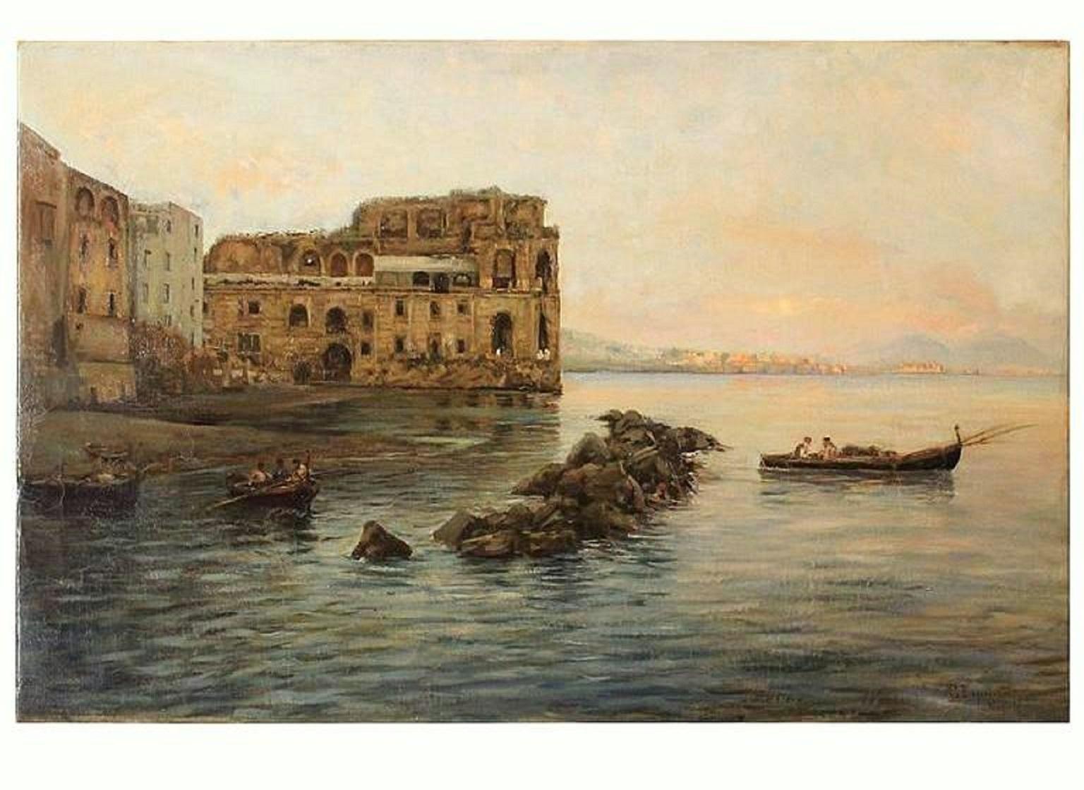 Landscape Painting Gaetano Esposito - Peinture impressionniste italienne de paysage maritime - Vue de la baie de Naples et du château