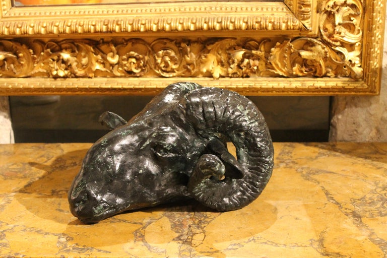 Ram's Head Contemporary Plaster Sculpture with Green Patina Ancient Rome Style - Brown Still-Life Sculpture by Pablo Simunovic