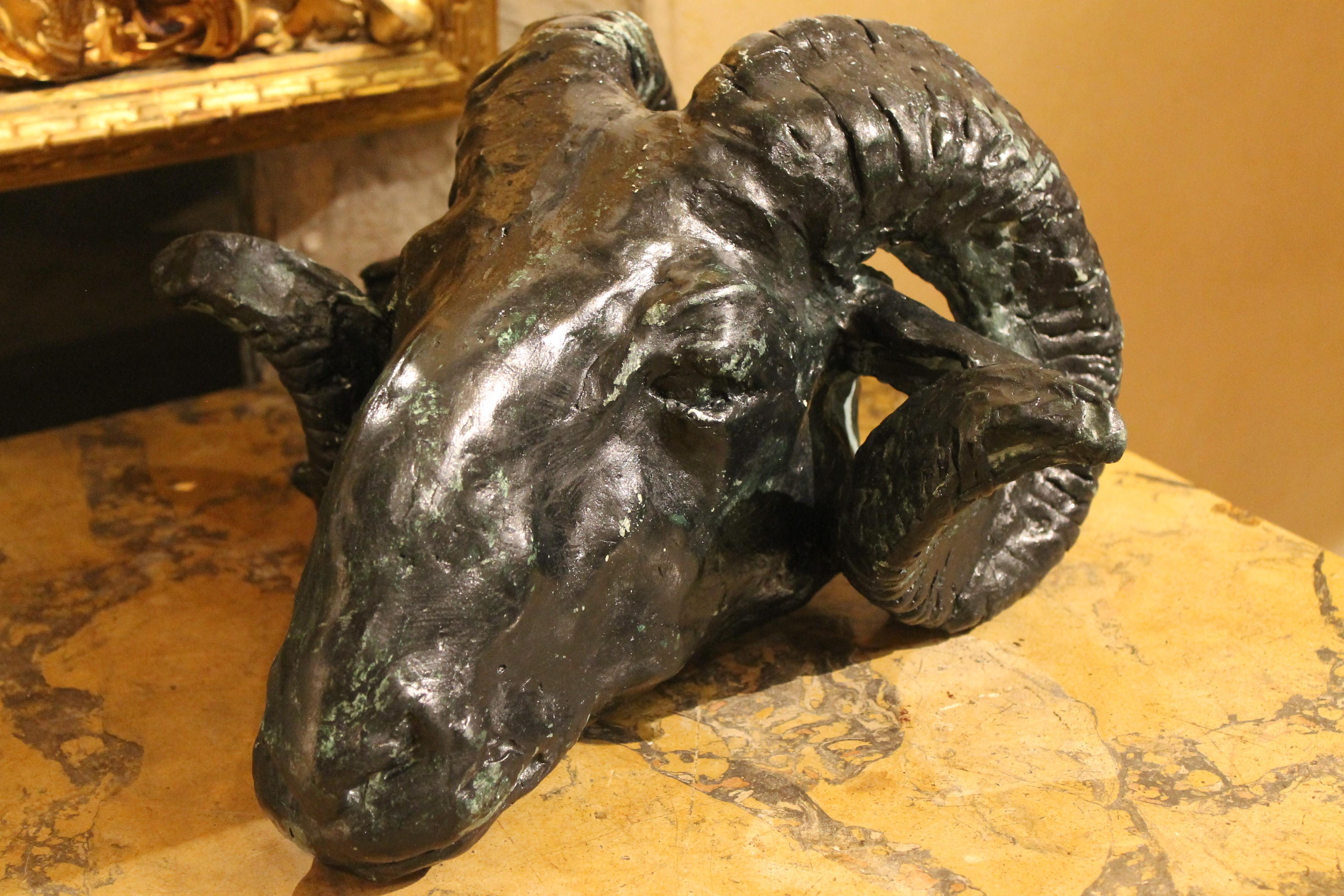 Ram's Head Contemporary Plaster Sculpture with Green Patina Ancient Rome Style
