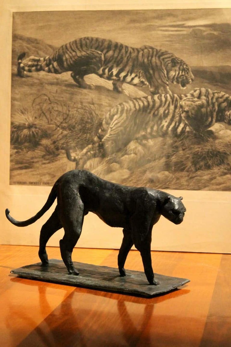 This contemporary sculpture representing a walking leopard on a rectangular naturalistic base is made of solid burnished black patinated bronze, created by the Argentine-Italian artist Pablo Simunovic through the ancient lost wax casting method.
The