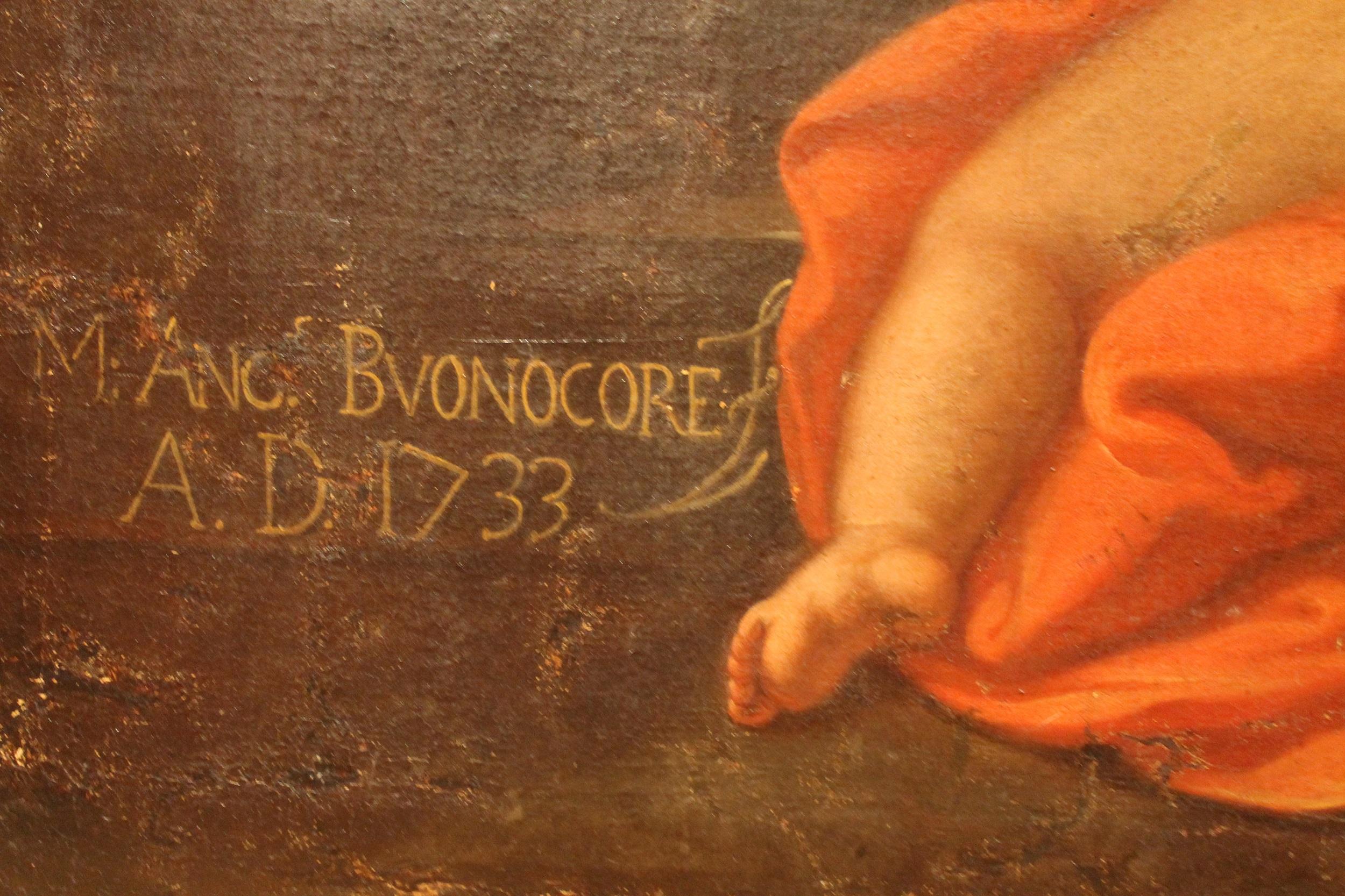 This antique and impressive big scale oil on canvas was an altarpiece representing a religious scene with The Virgin Mary,The Holy Baby, Saint Gaetano from Thiene and Putti. 
This wonderful painting is signed by Michelangelo Buonocore and dated