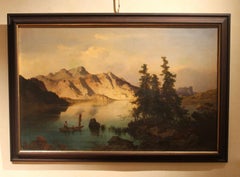 J. Brunner 1869 Olio su tela Paesaggio austriaco con lago e montagne