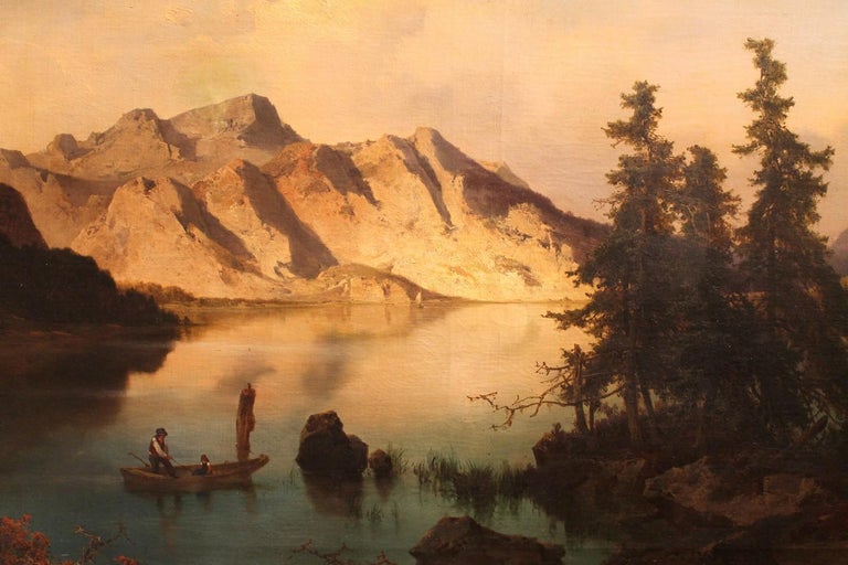 J. Brunner 1869 Oil on Canvas Austrian Landscape with Lake and Mountain Painting For Sale 1