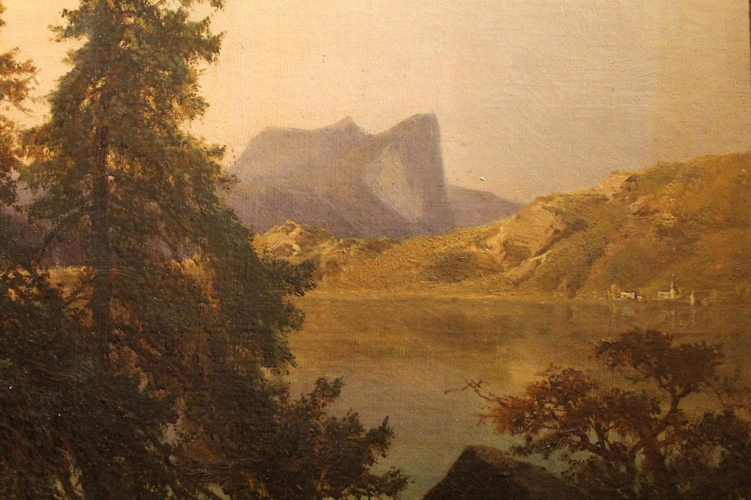 J. Brunner, 1869 Öl auf Leinwand, Österreichische Landschaft mit See und Berg, Gemälde (Braun), Landscape Painting, von Joseph Brunner