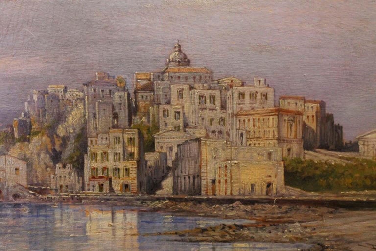 19th Century Italian Rectangular Oil on Board Landscape View Marine Painting 1