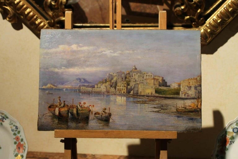 19th Century Italian Rectangular Oil on Board Landscape View Marine Painting 6