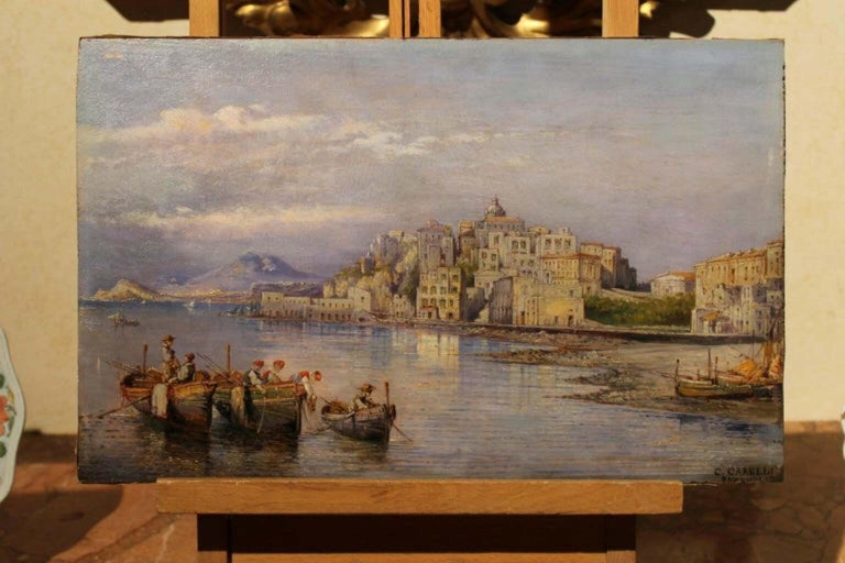 19th Century Italian Rectangular Oil on Board Landscape View Marine Painting 13