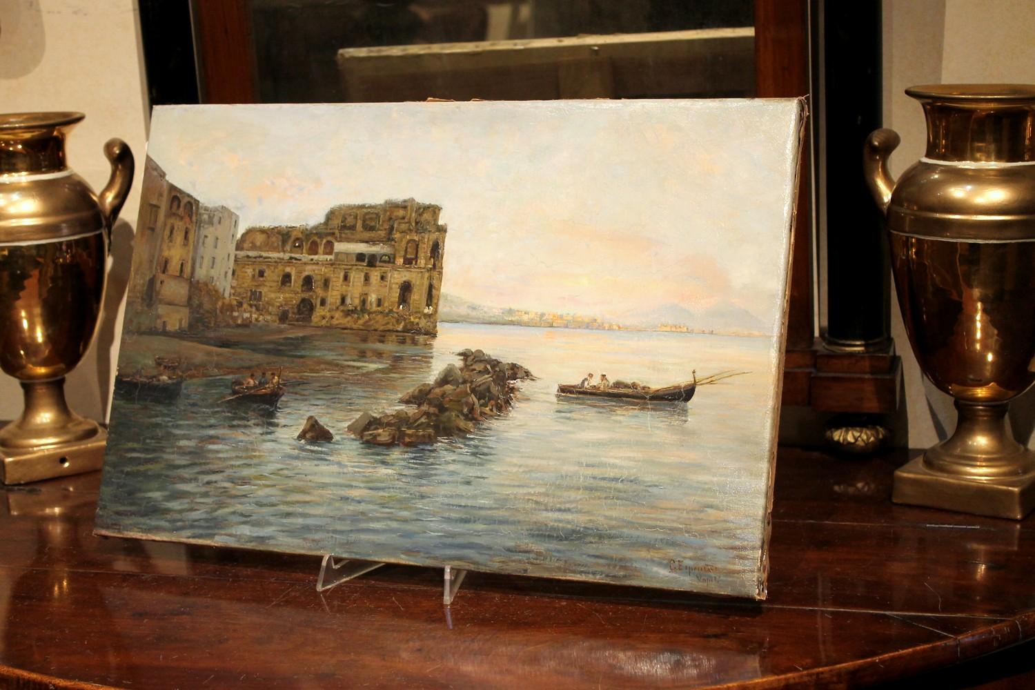 Peinture impressionniste italienne de paysage maritime - Vue de la baie de Naples et du château - Impressionnisme Painting par Gaetano Esposito