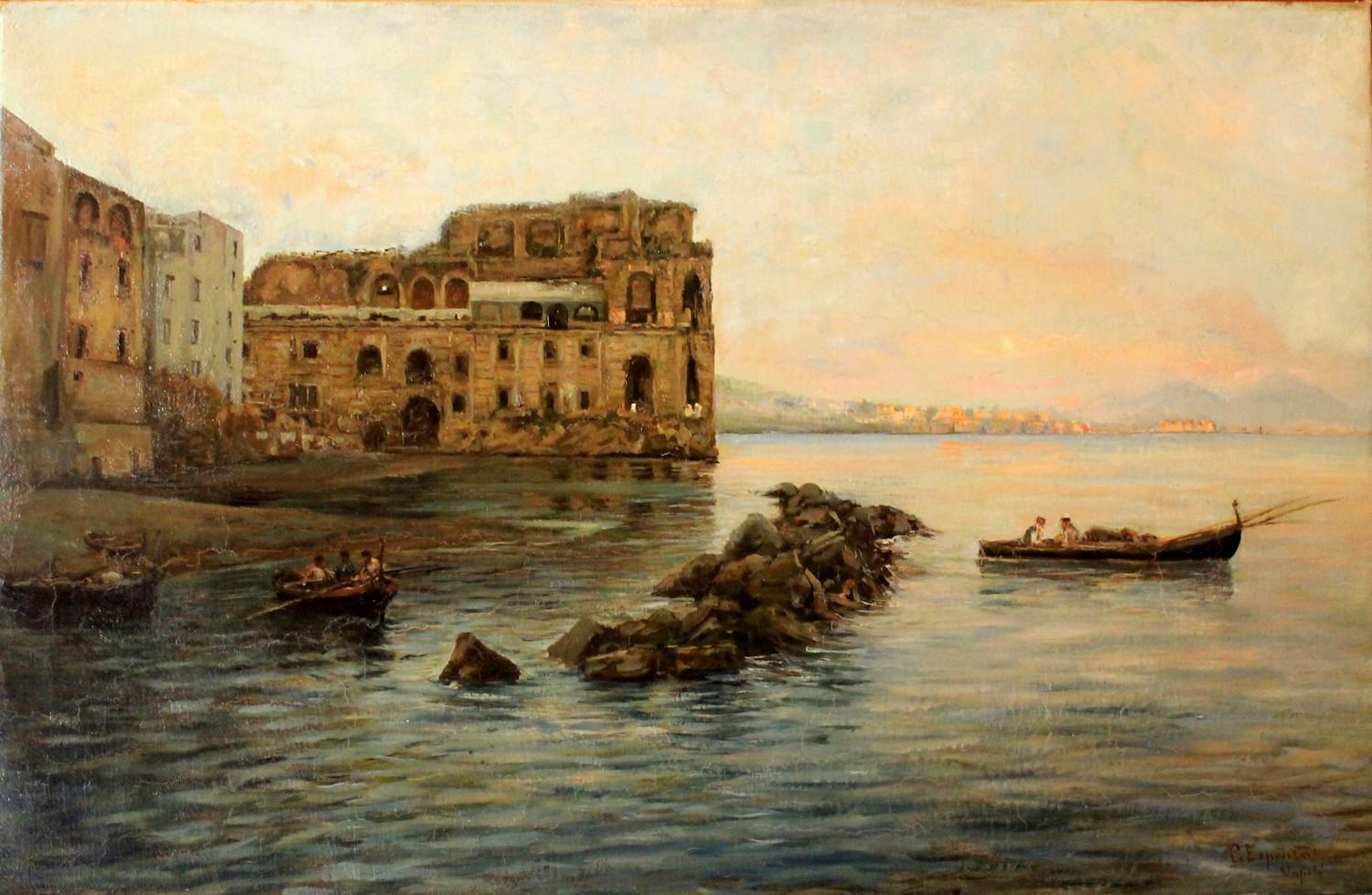 Peinture impressionniste italienne de paysage maritime - Vue de la baie de Naples et du château 1