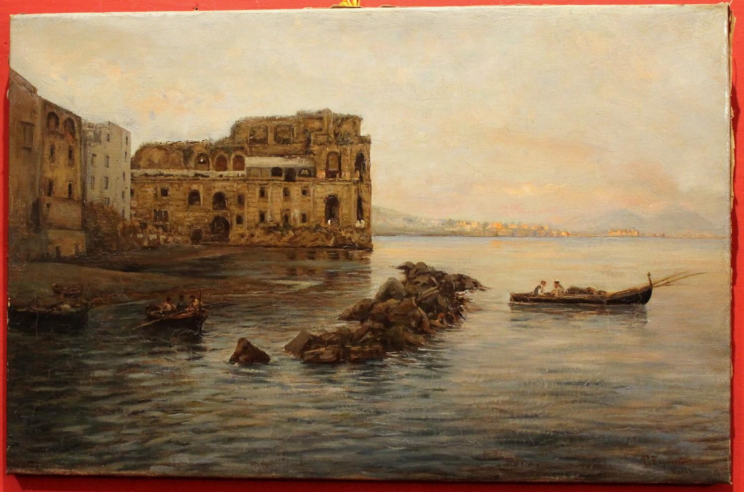 Peinture impressionniste italienne de paysage maritime - Vue de la baie de Naples et du château 2