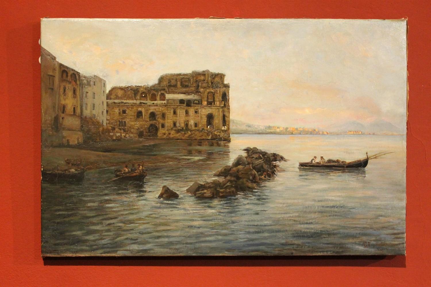 Peinture impressionniste italienne de paysage maritime - Vue de la baie de Naples et du château 3