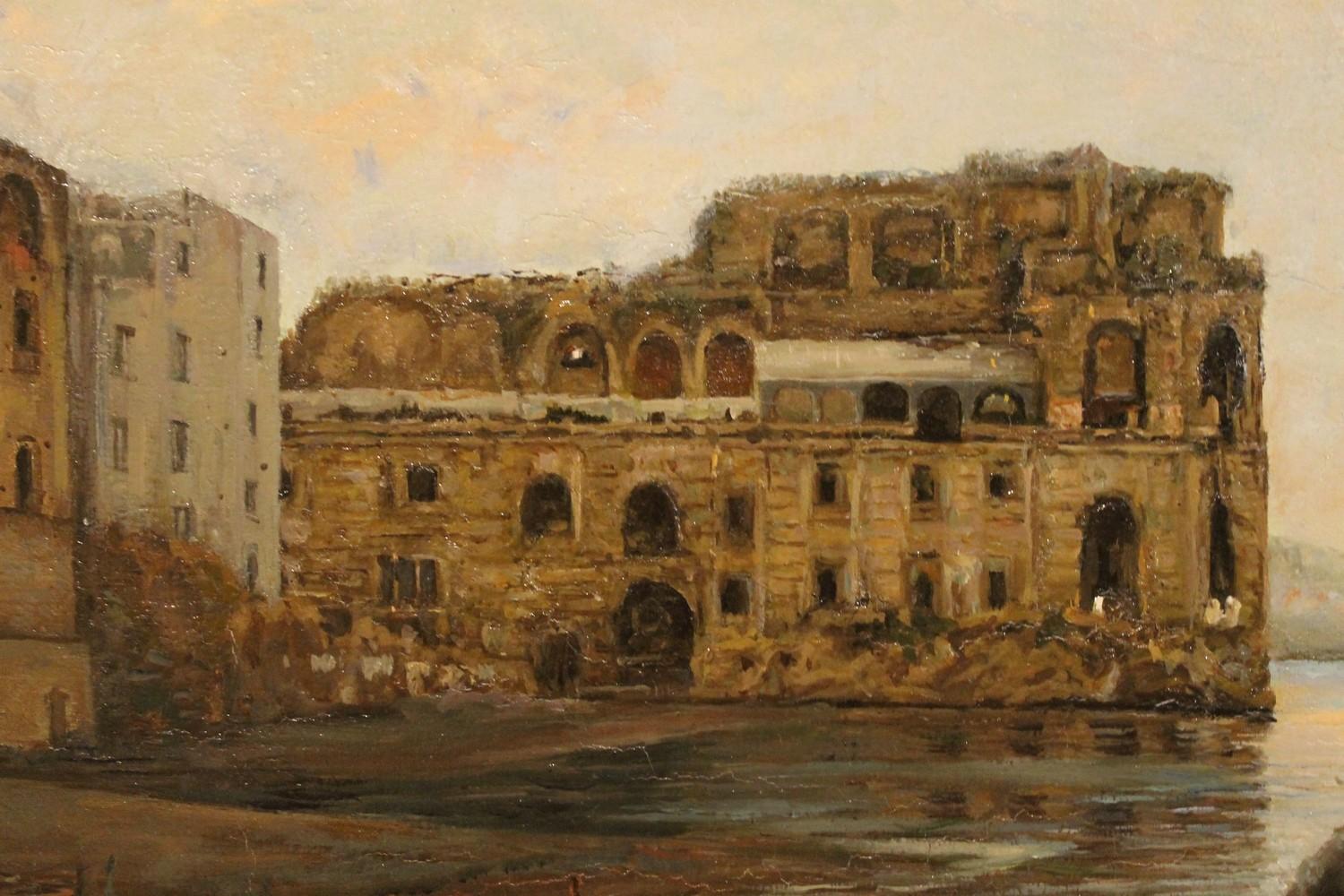 Peinture impressionniste italienne de paysage maritime - Vue de la baie de Naples et du château 4