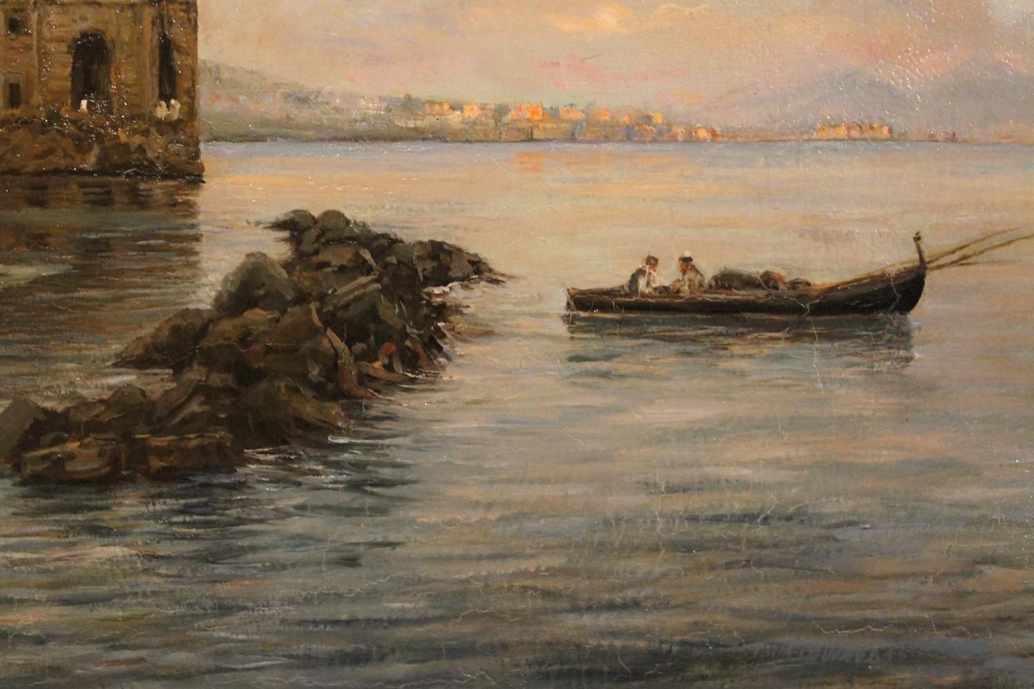 Peinture impressionniste italienne de paysage maritime - Vue de la baie de Naples et du château 6