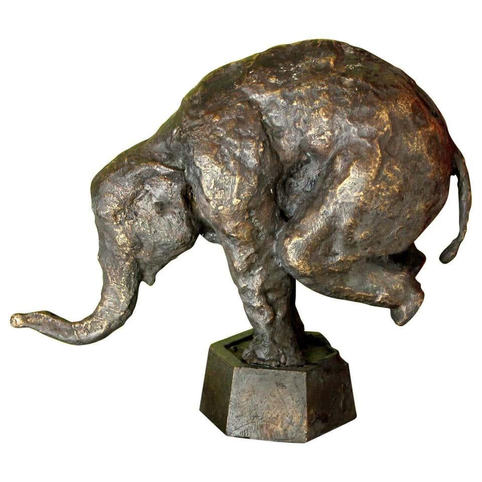 Pablo Simunovic Still-Life Sculpture - Elephant on Iron Pedestal, Lost Wax Casting Parcel-Gilt Patina Bronze Sculpture