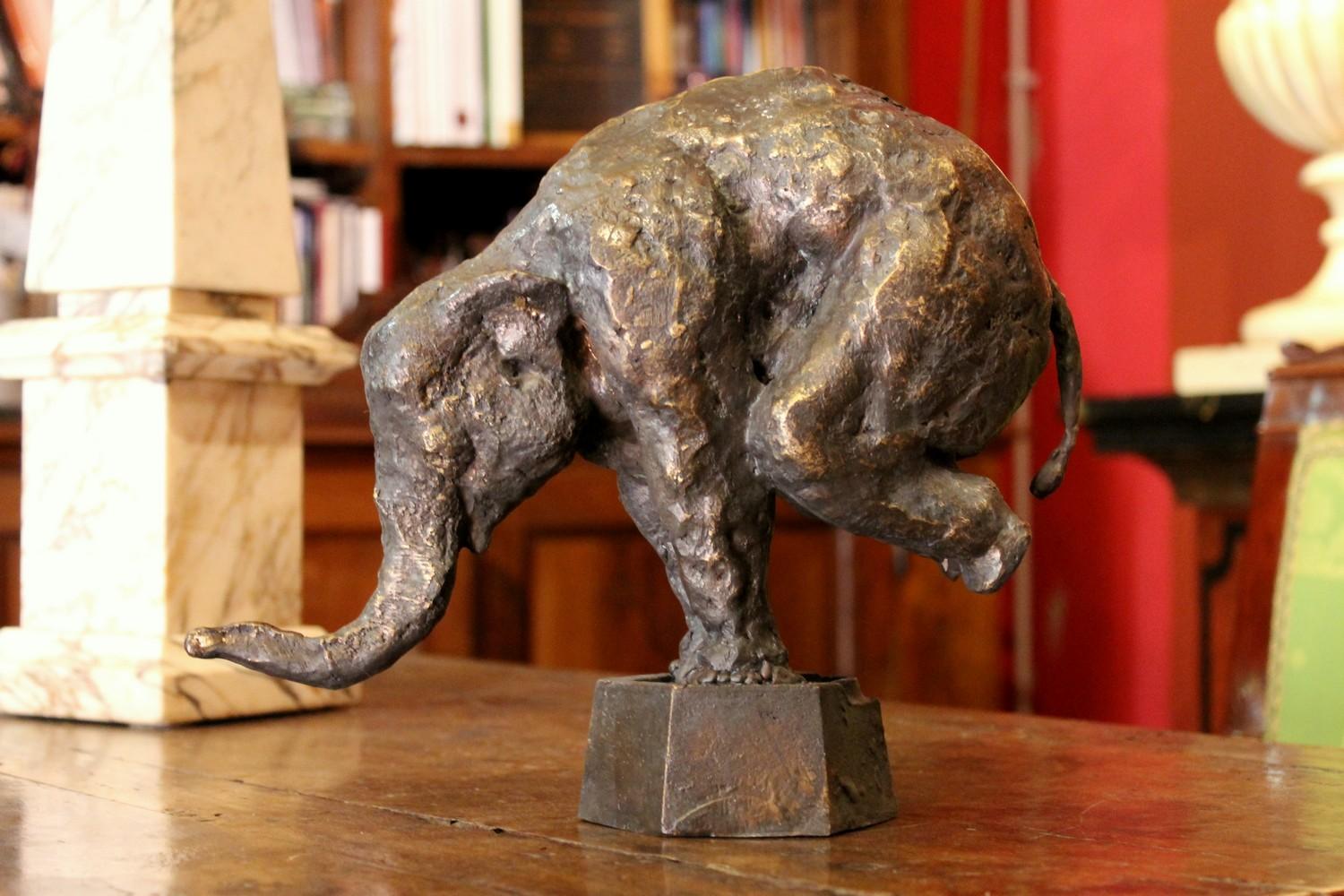 Elephant on Iron Pedestal, Lost Wax Casting Parcel-Gilt Patina Bronze Sculpture - Gold Still-Life Sculpture by Pablo Simunovic