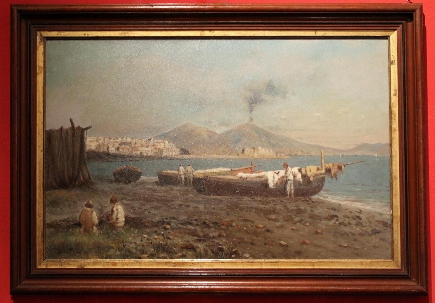 Italian Impressionist Oil on Board Marine Landscape Painting Naples Bay View