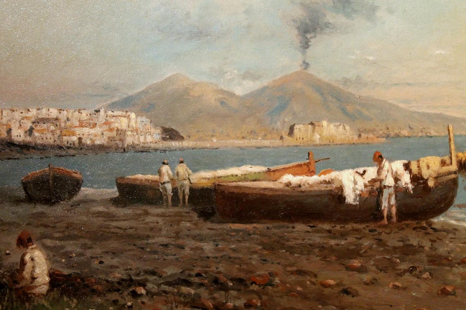 Italian Impressionist Oil on Board Marine Landscape Painting Naples Bay View For Sale 3