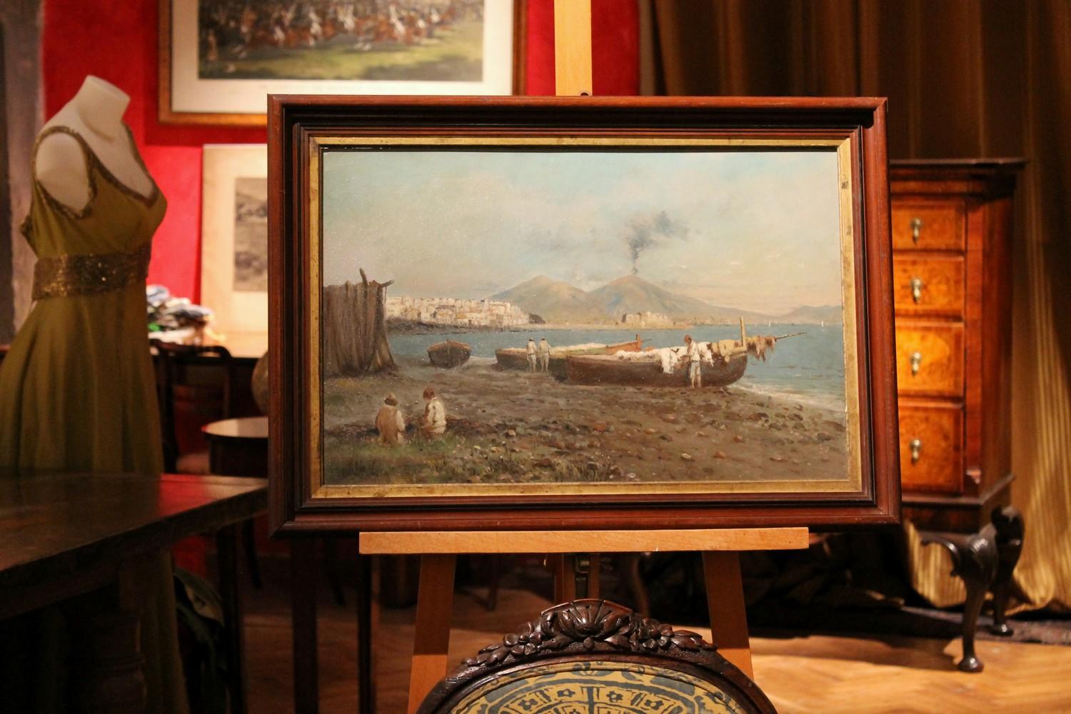 La vie quotidienne des pêcheurs est capturée dans cette merveilleuse peinture à l'huile impressionniste italienne de la fin du XIXe siècle sur carton mince intitulée 