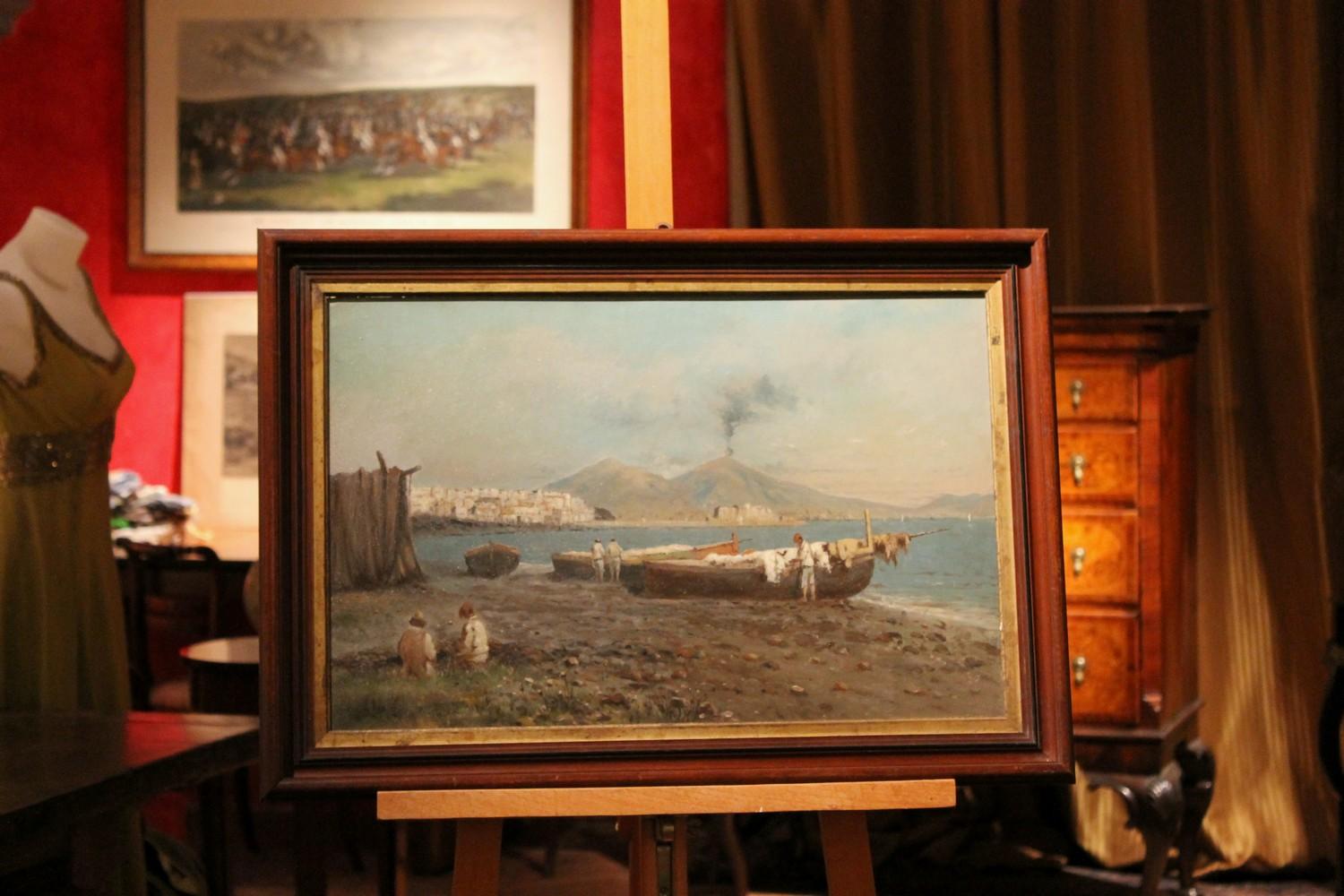 Italienisches impressionistisches Gemälde, Öl auf Karton, Meereslandschaft, Neapel, Bay View (Braun), Figurative Painting, von Francesco Coppola Castaldo