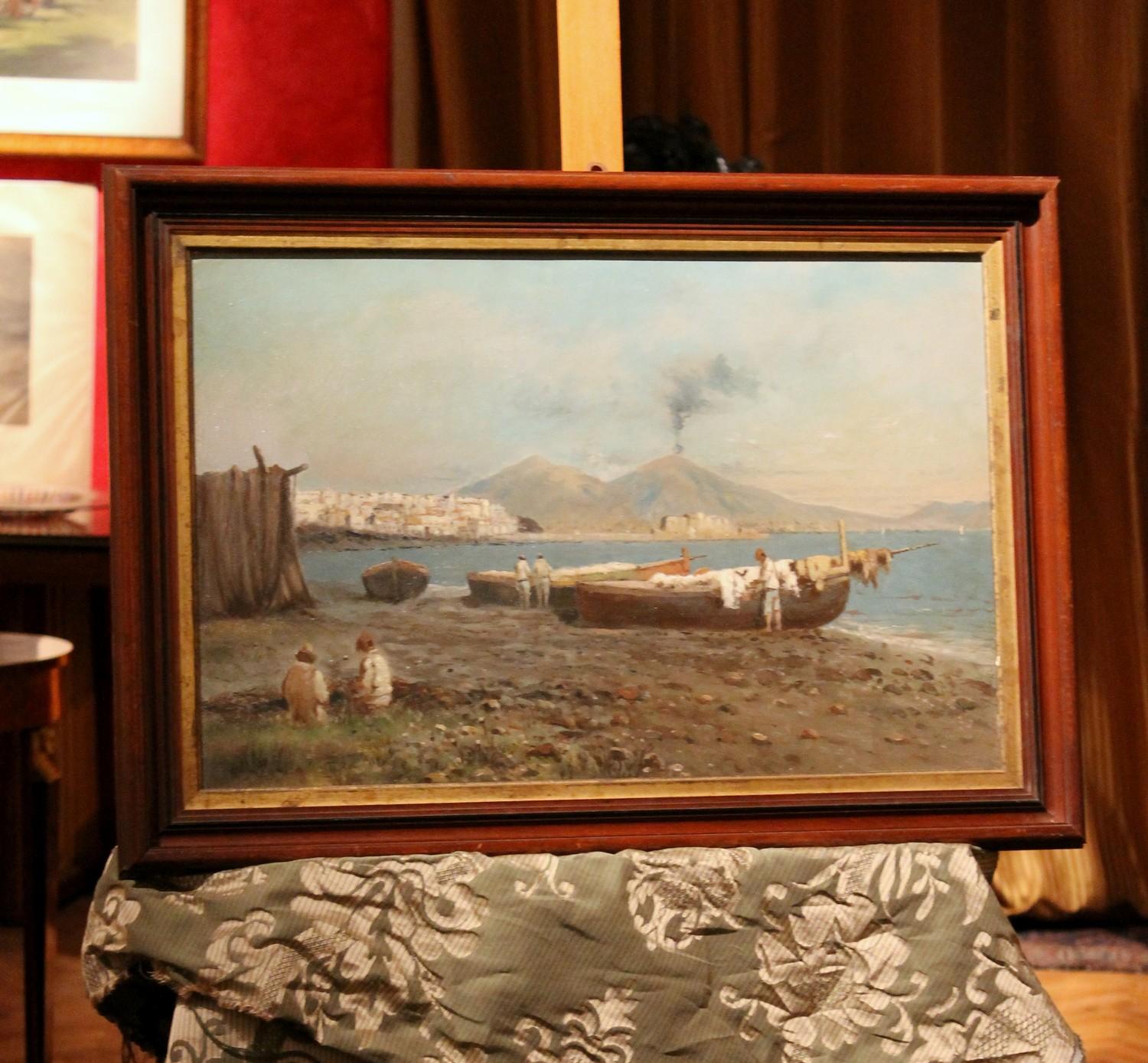 Peinture impressionniste italienne à l'huile sur panneau - Paysage marin - Vue de la baie de Naples en vente 3