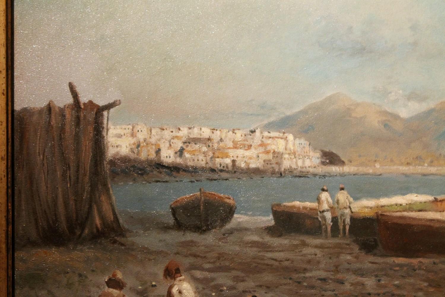 Everyday fishermen life is captured in this wonderful Italian impressionist late 19th century oil painting on thin board titled fishermen ashore. We love the neutral and natural color palette the painter used to photograph a moment of daily life in