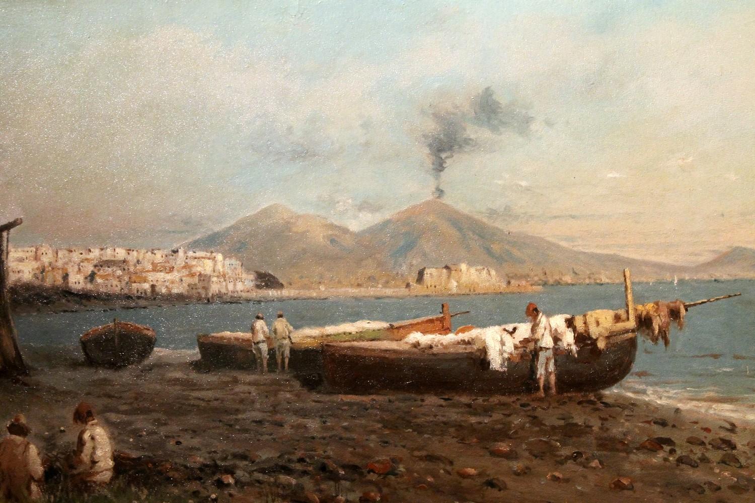 Italian Impressionist Oil on Board Marine Landscape Painting Naples Bay View For Sale 1