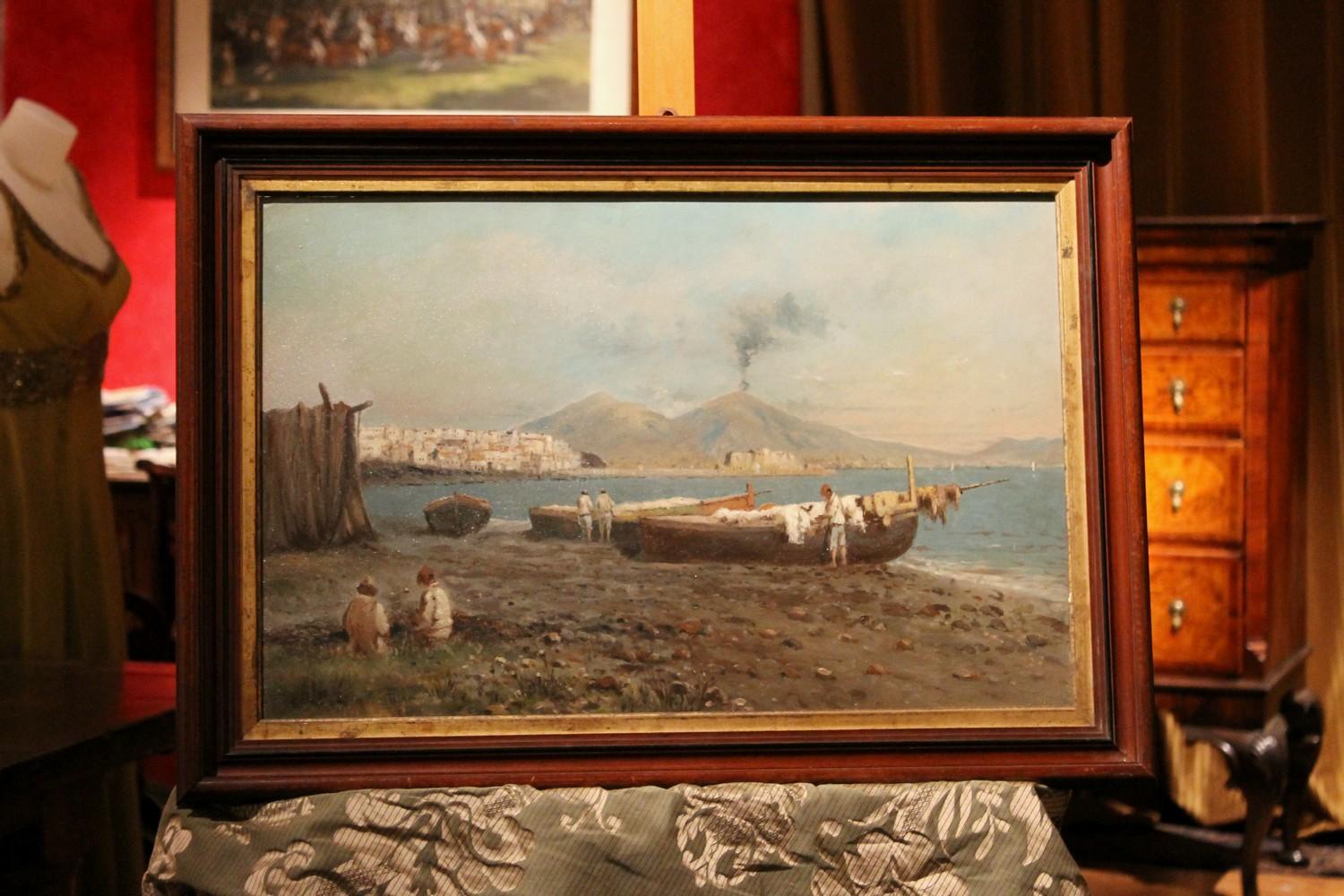 Peinture impressionniste italienne à l'huile sur panneau - Paysage marin - Vue de la baie de Naples - Painting de Francesco Coppola Castaldo
