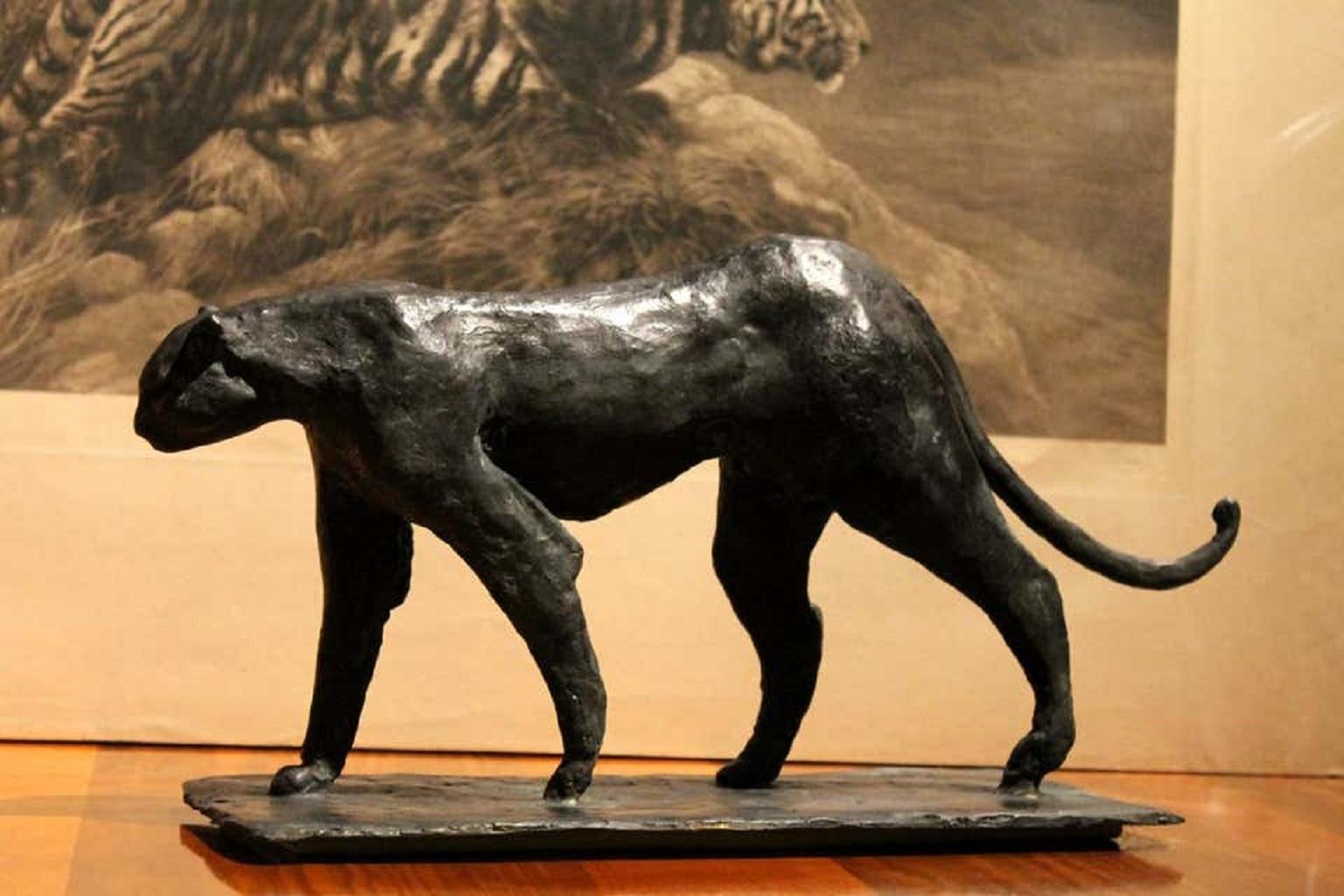 Cette sculpture contemporaine représentant un léopard en marche sur une base rectangulaire naturaliste est réalisée en bronze massif patiné noir, créé par l'artiste argentin-italien Pablo Simunovic selon l'ancienne méthode de fonte à la cire