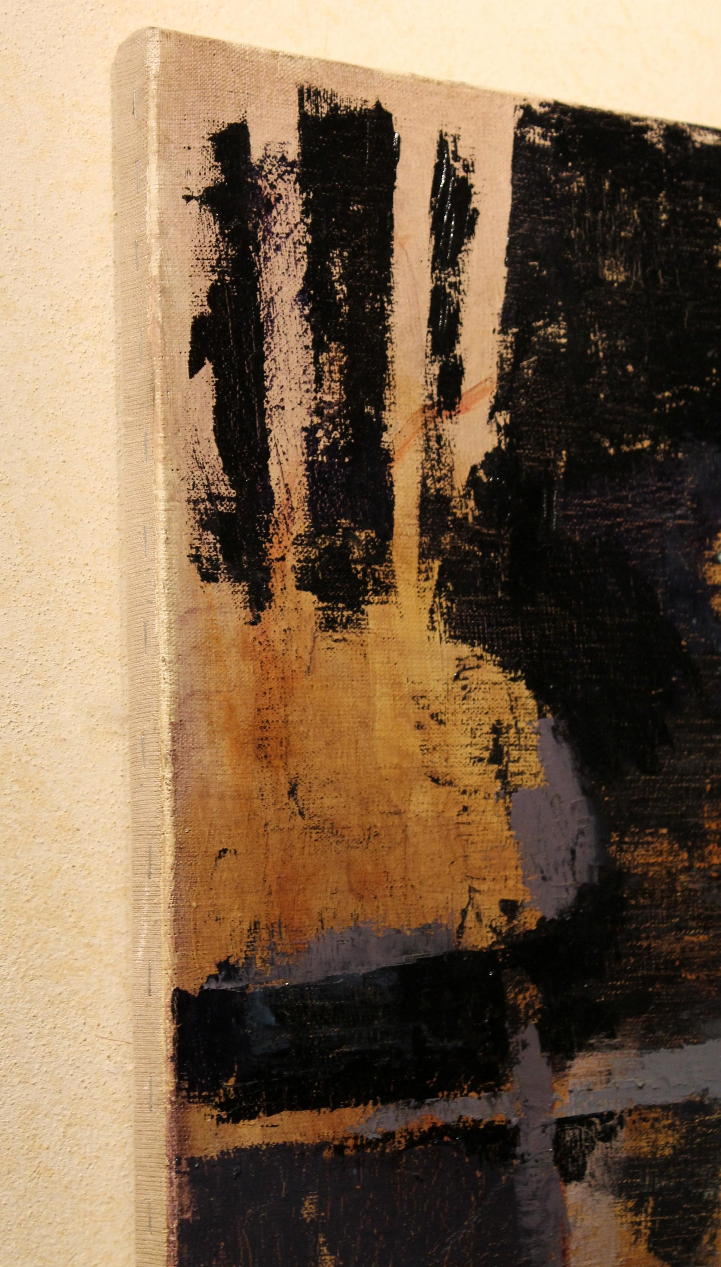 Cette peinture à l'huile contemporaine représentant une scène d'intérieur et une vignette sur une toile de lin rectangulaire fait partie d'une série appelée 