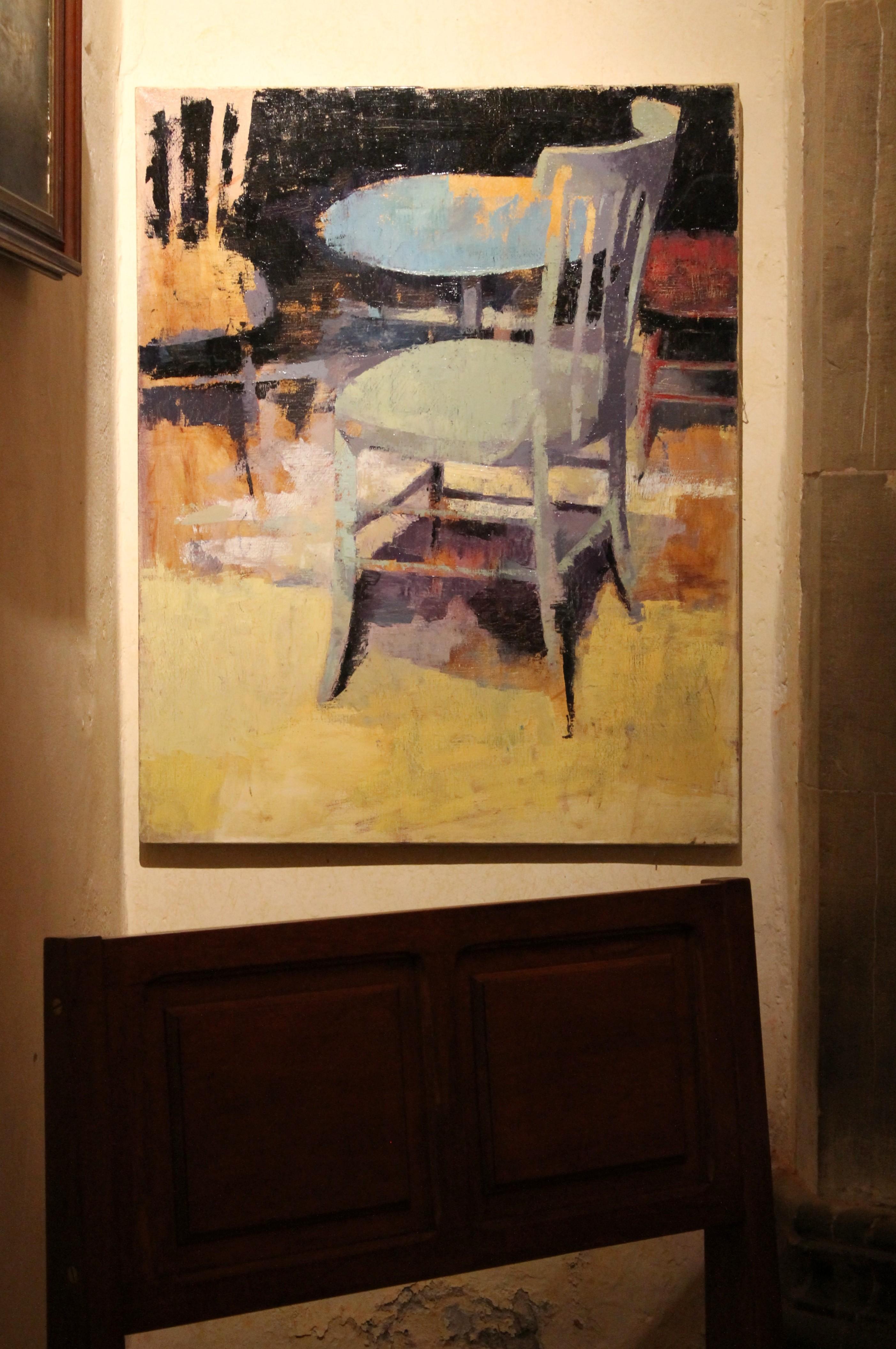 Peinture à l'huile contemporaine sur toile - Scène d'intérieur avec table ronde et chaises 1