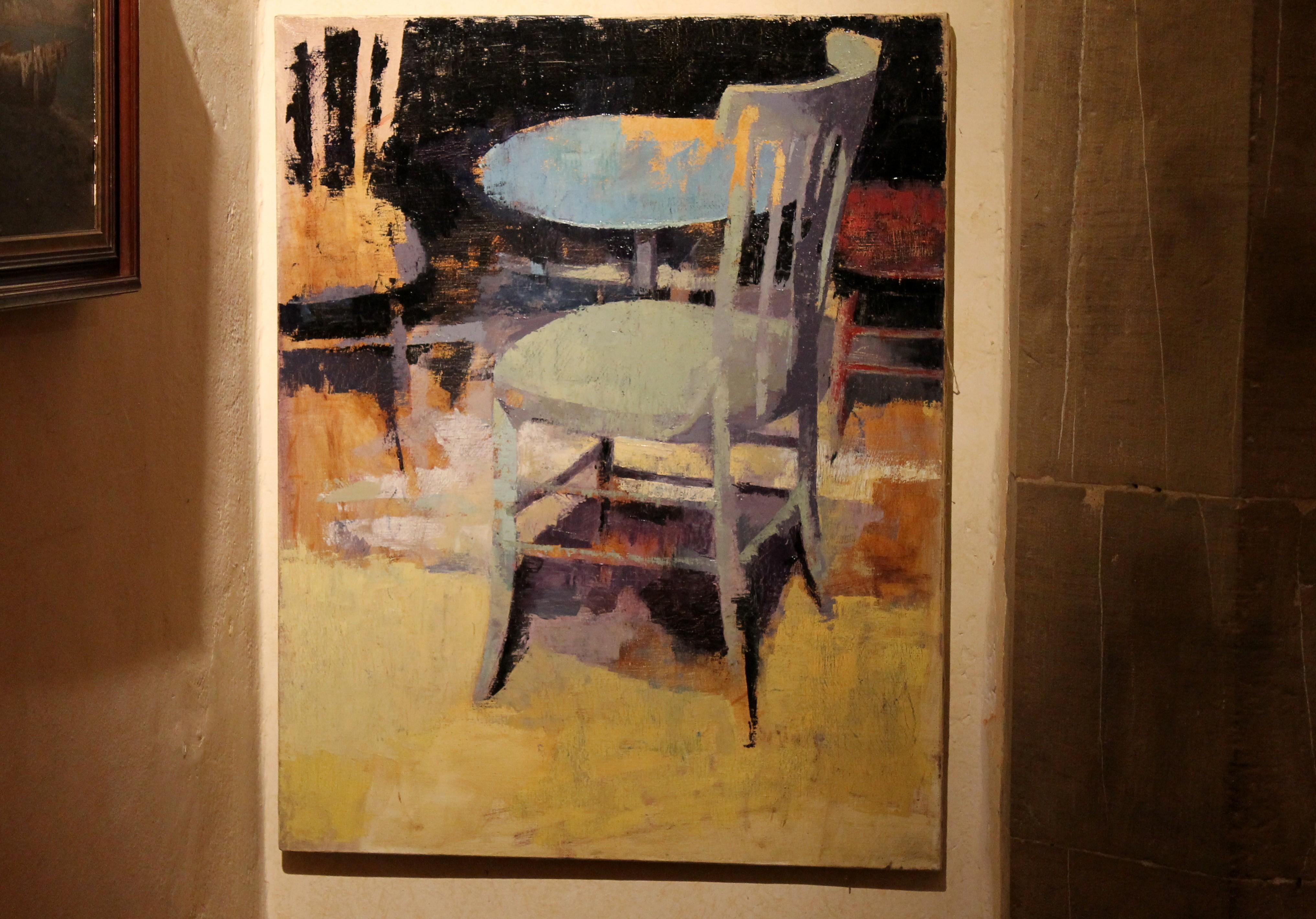 Peinture à l'huile contemporaine sur toile - Scène d'intérieur avec table ronde et chaises - Painting de Pablo Simunovic