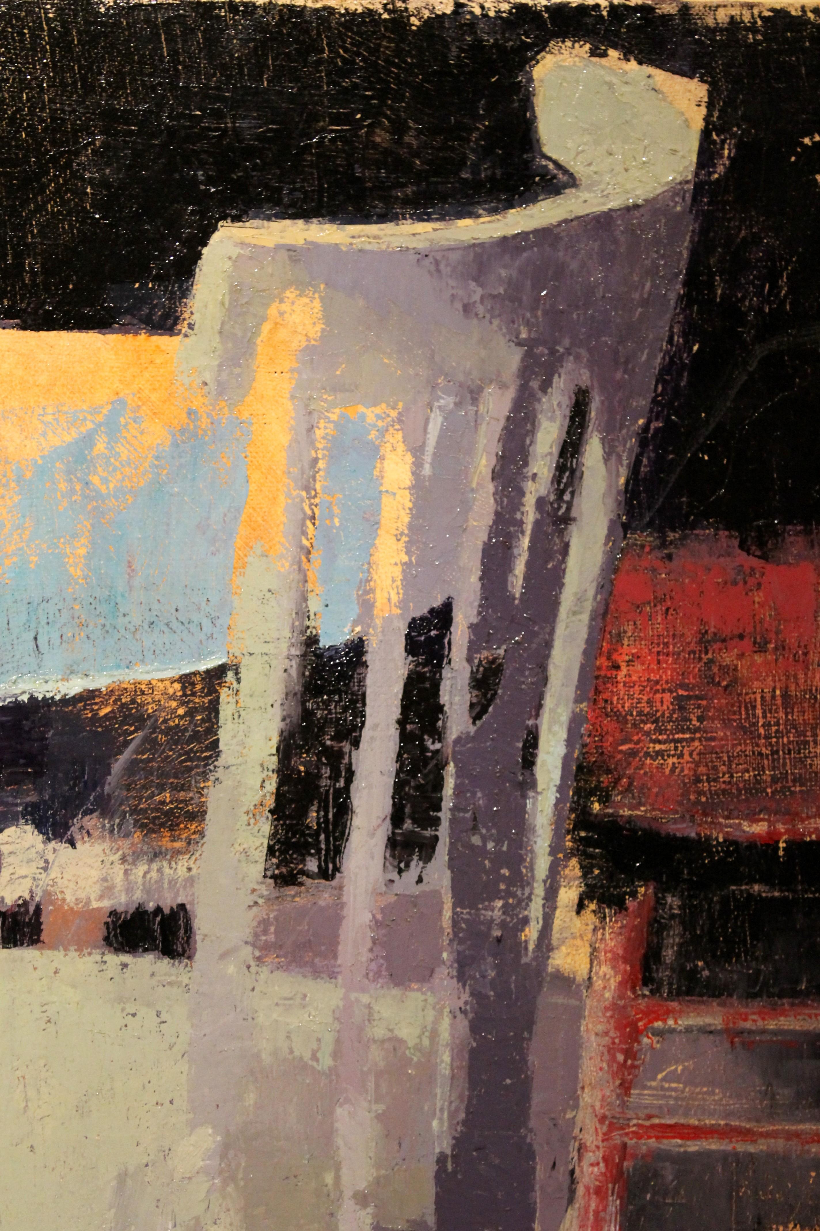 Peinture à l'huile contemporaine sur toile - Scène d'intérieur avec table ronde et chaises 2