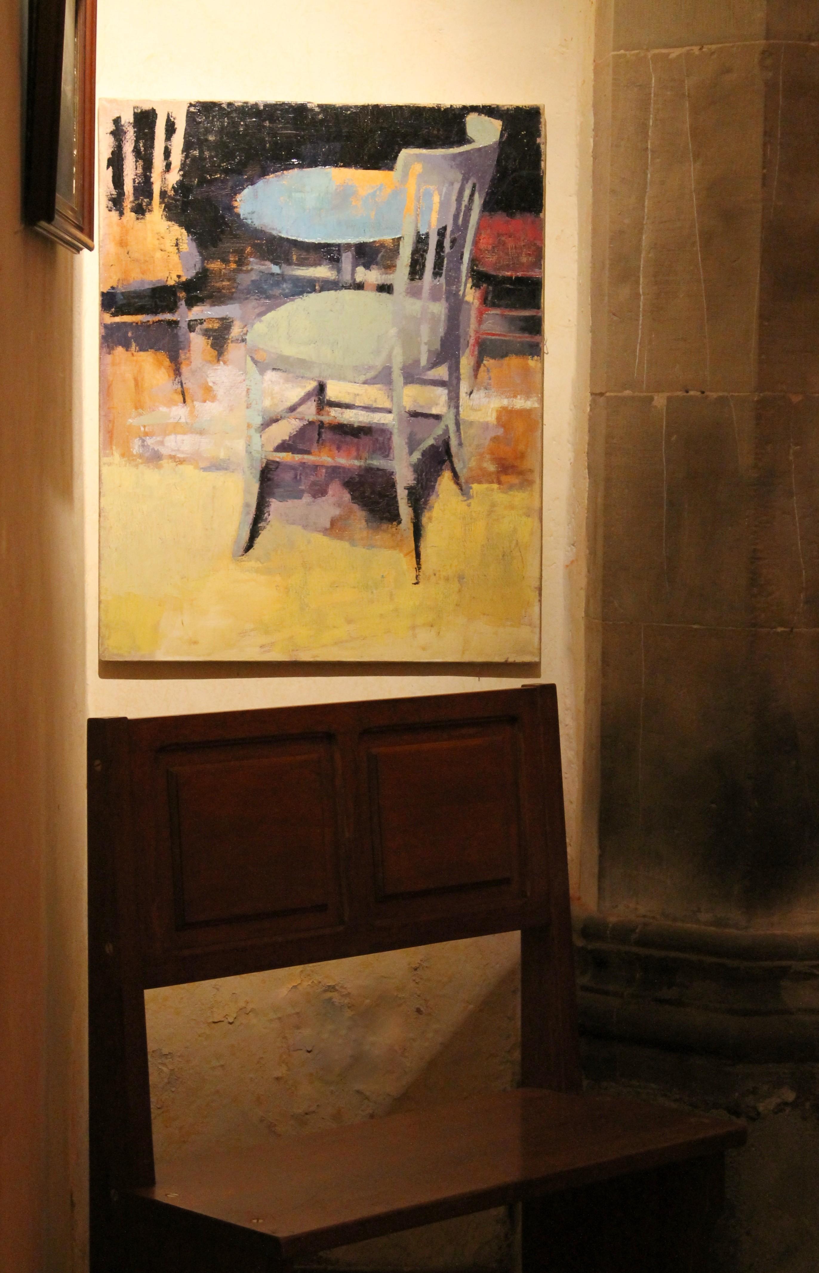 Peinture à l'huile contemporaine sur toile - Scène d'intérieur avec table ronde et chaises 4