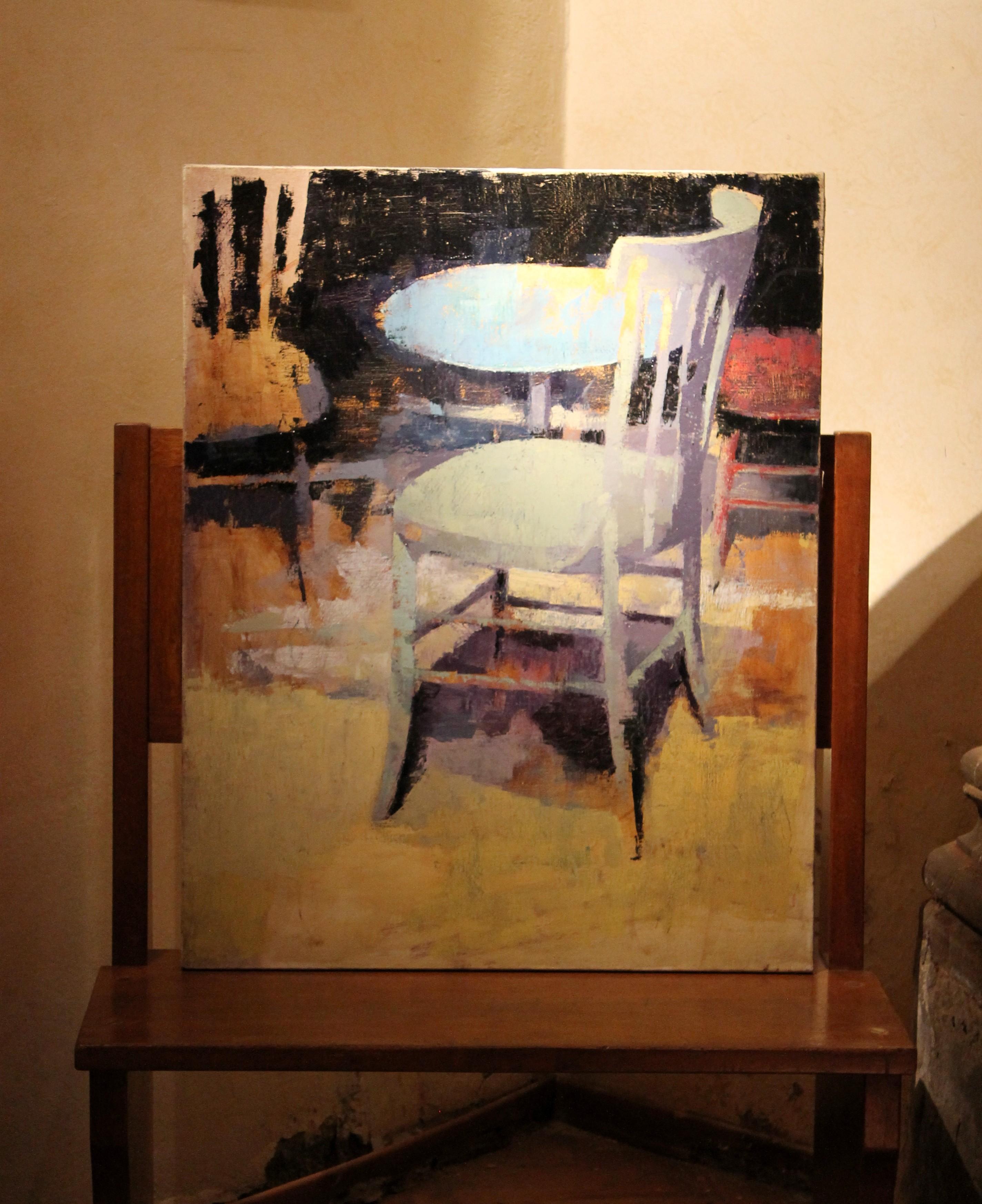 Peinture à l'huile contemporaine sur toile - Scène d'intérieur avec table ronde et chaises 7