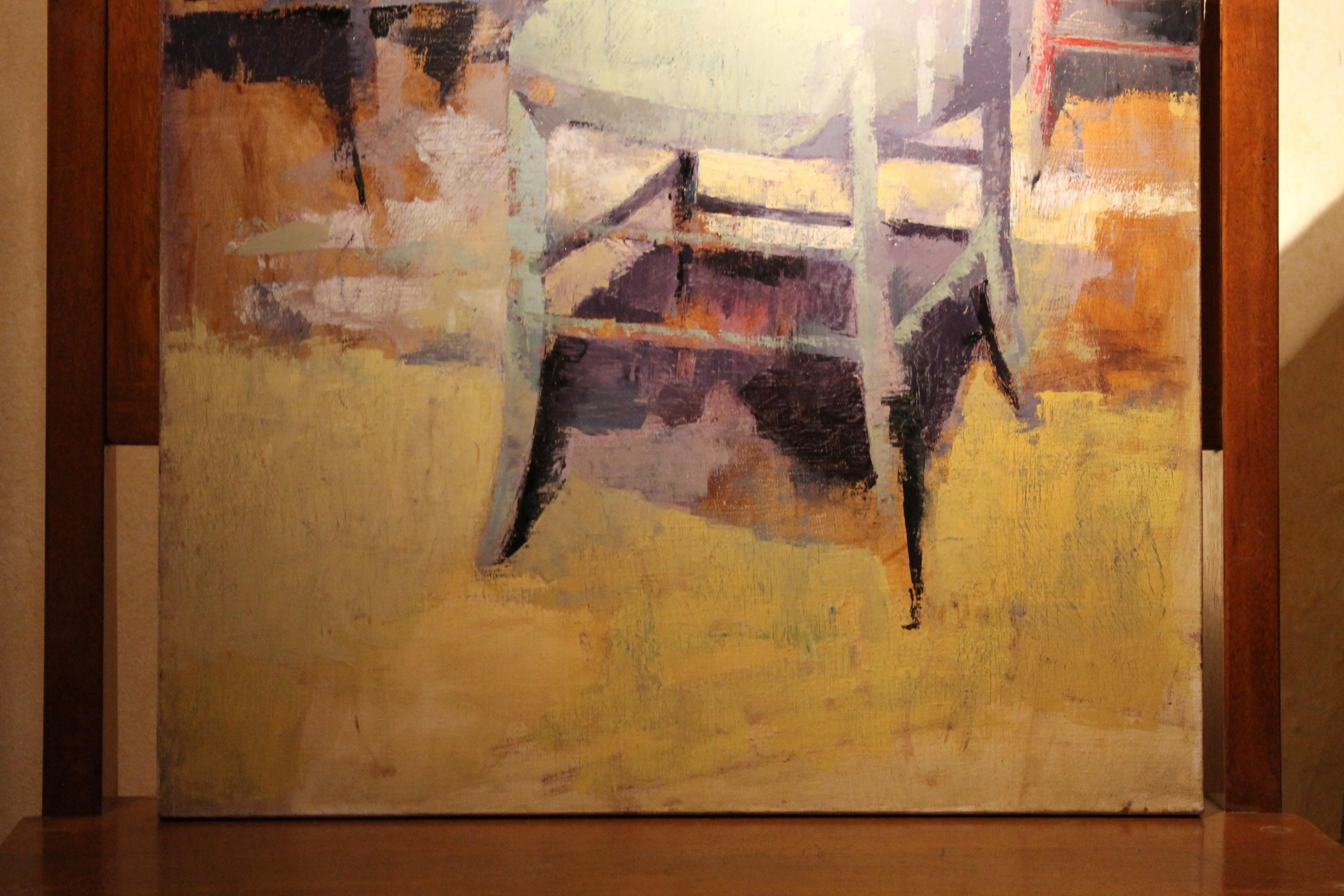 Peinture à l'huile contemporaine sur toile - Scène d'intérieur avec table ronde et chaises 8