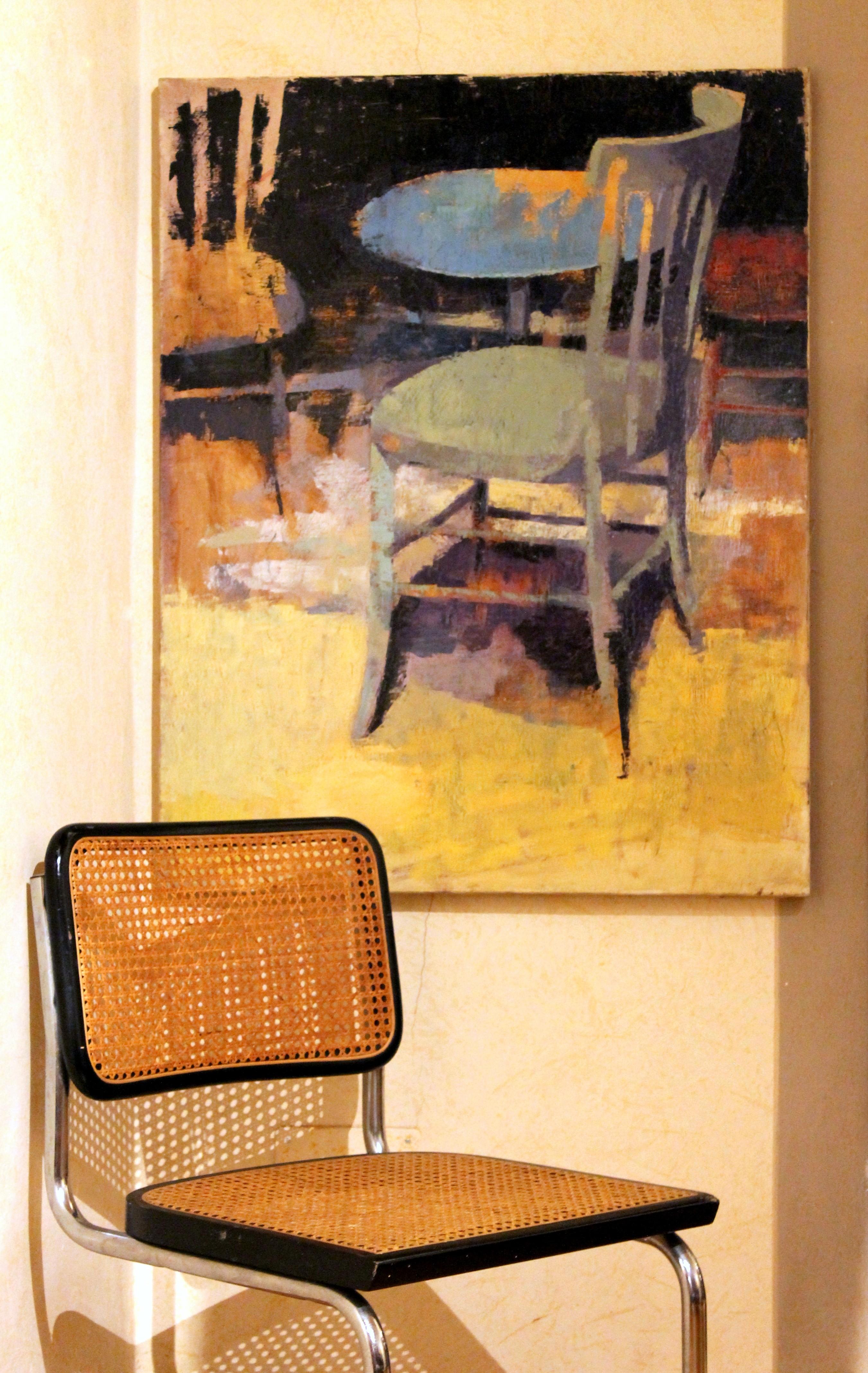 Peinture à l'huile contemporaine sur toile - Scène d'intérieur avec table ronde et chaises - Contemporain Painting par Pablo Simunovic
