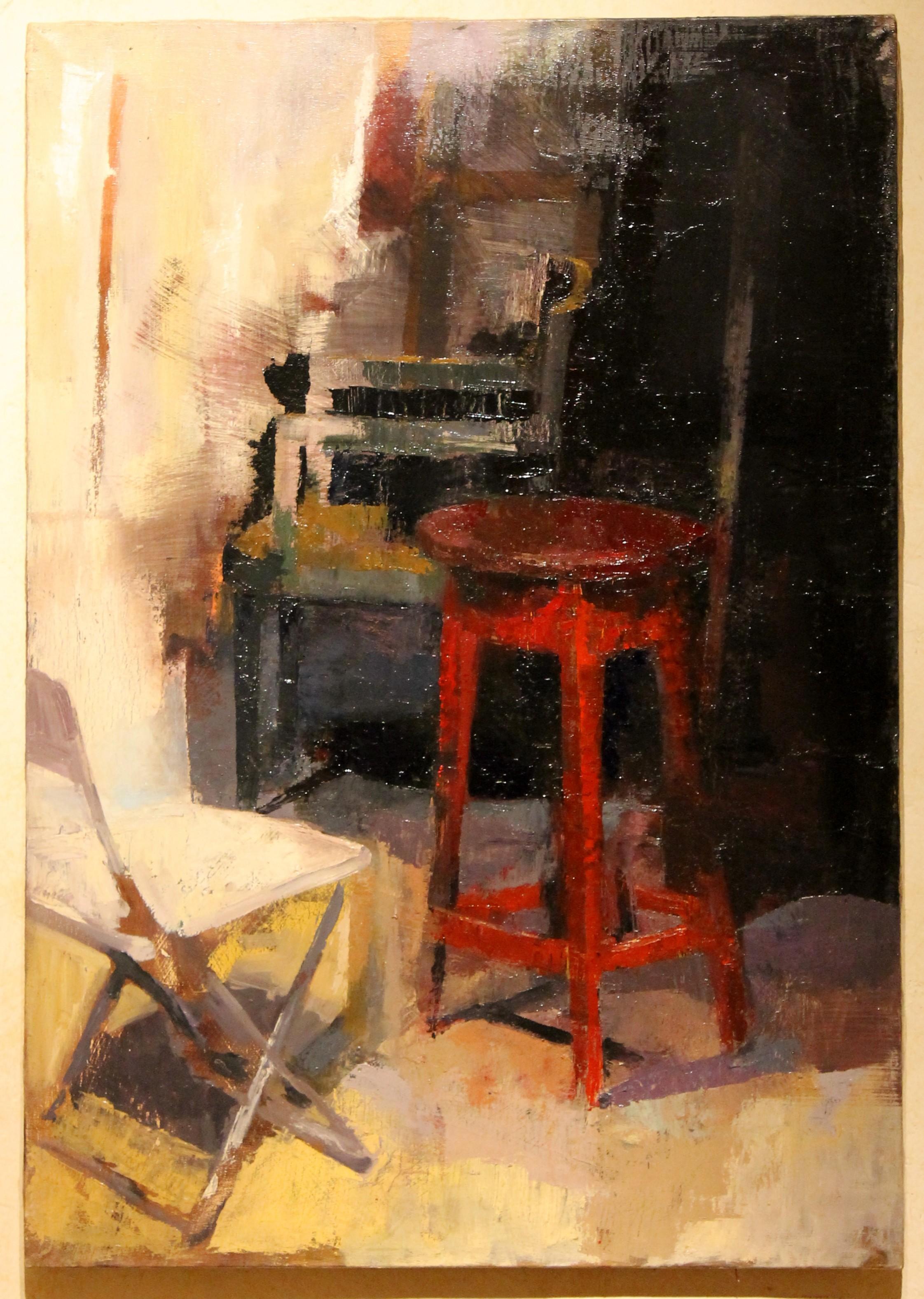 Peinture contemporaine à l'huile sur toile - Scène d'intérieur avec tabouret rouge et chaises