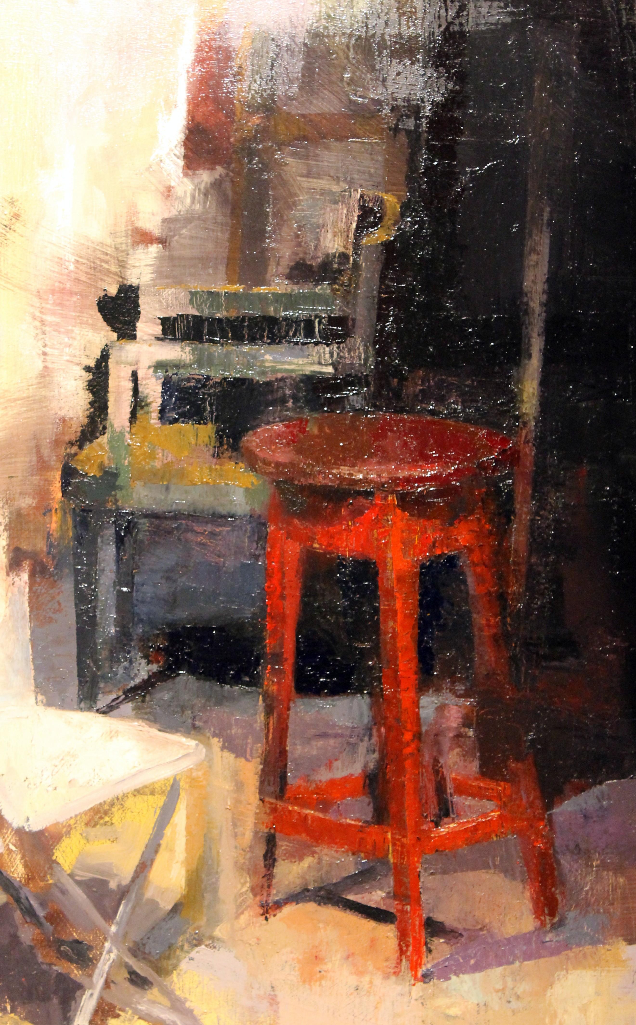 Zeitgenössisches Gemälde, Öl auf Leinwand, Innenszene mit rotem Hocker und Stühlen (Beige), Interior Painting, von Pablo Simunovic