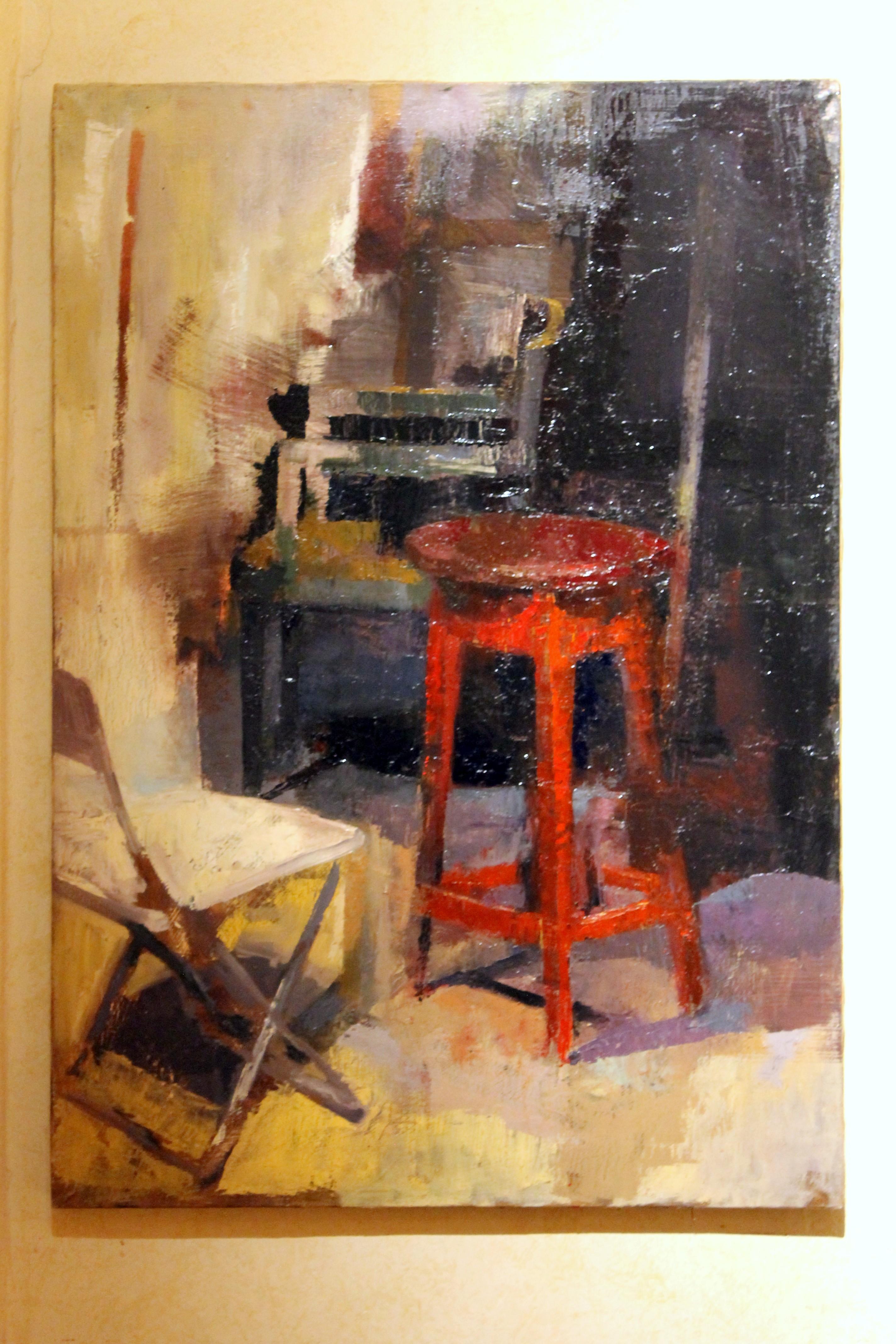 Zeitgenössisches Gemälde, Öl auf Leinwand, Innenszene mit rotem Hocker und Stühlen im Angebot 5