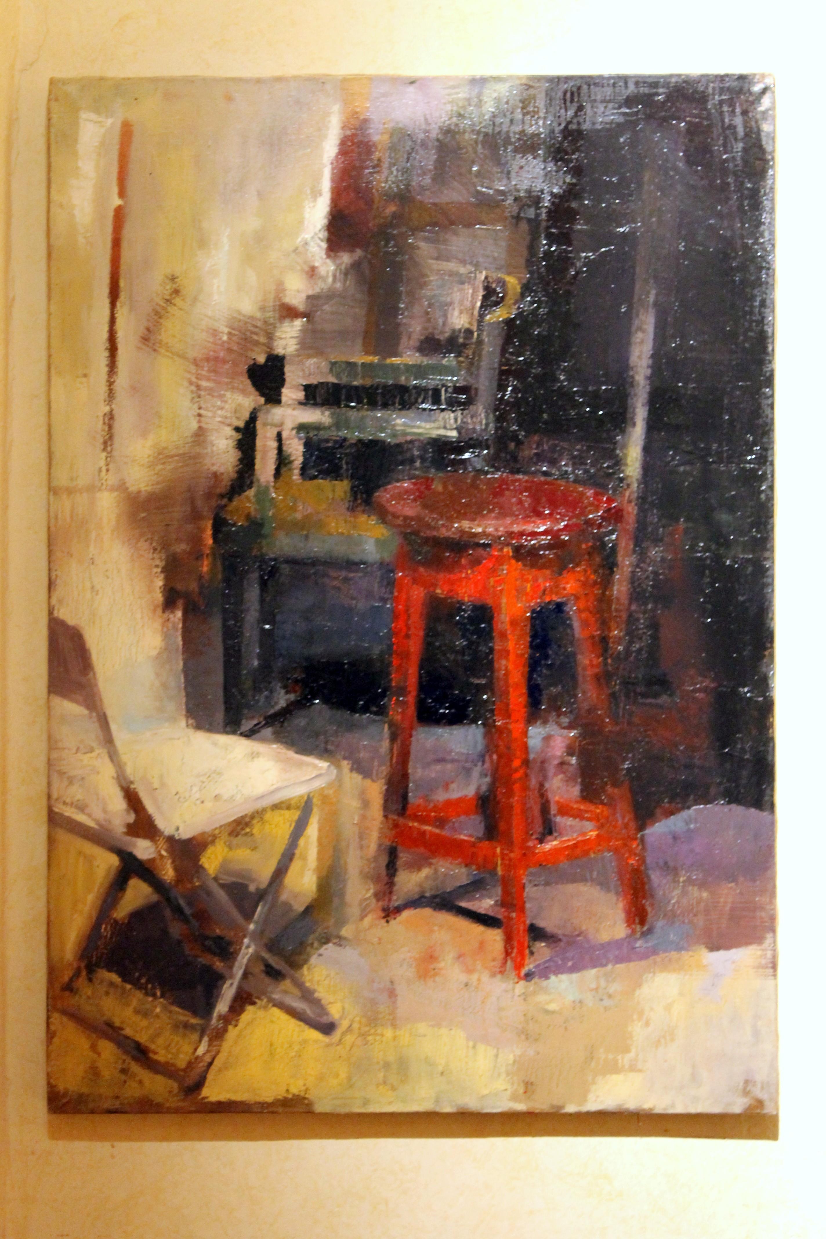 Contemporary Oil on Canvas Interior Scene with Red Stool and Chairs Painting 3