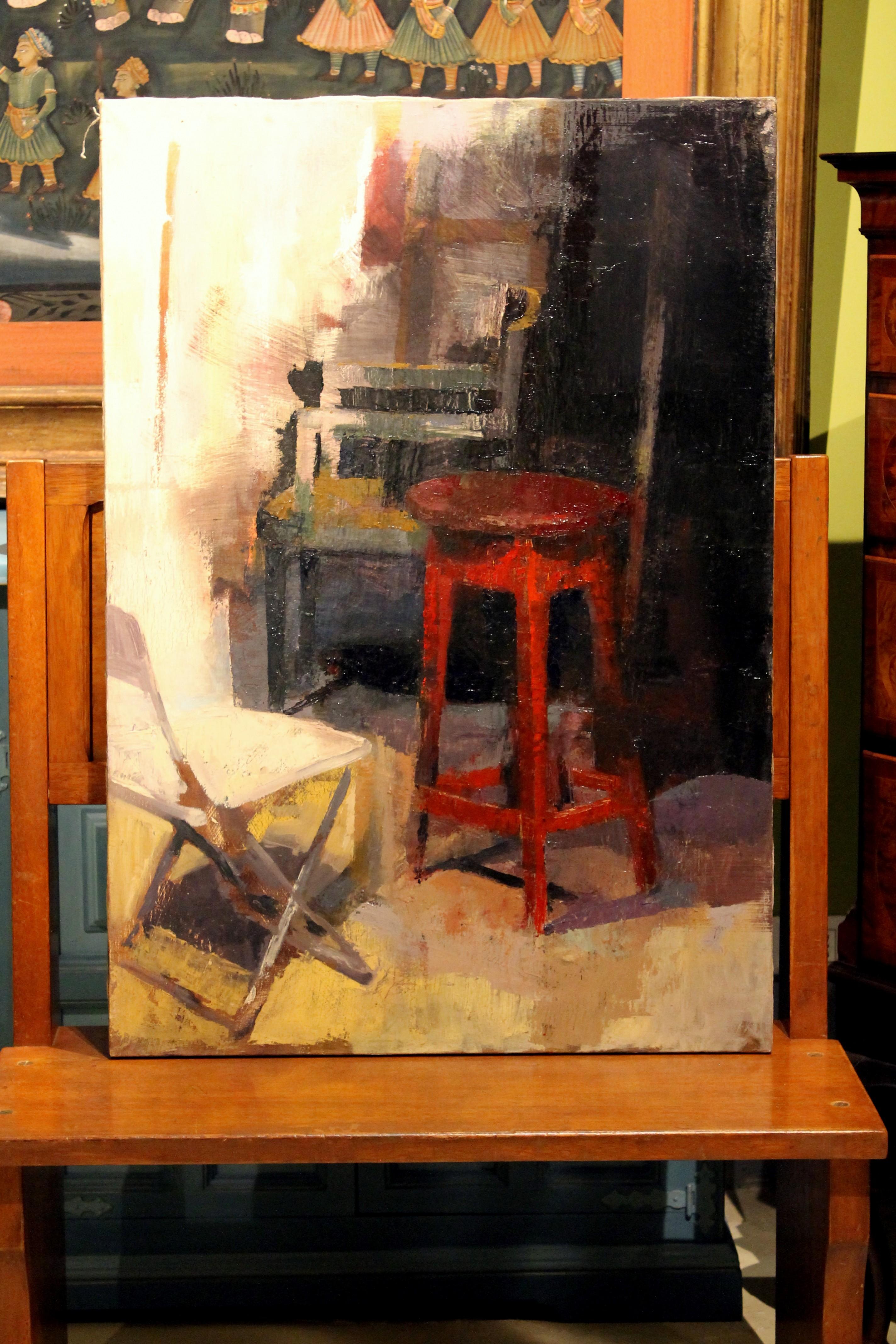 Zeitgenössisches Gemälde, Öl auf Leinwand, Innenszene mit rotem Hocker und Stühlen im Angebot 7